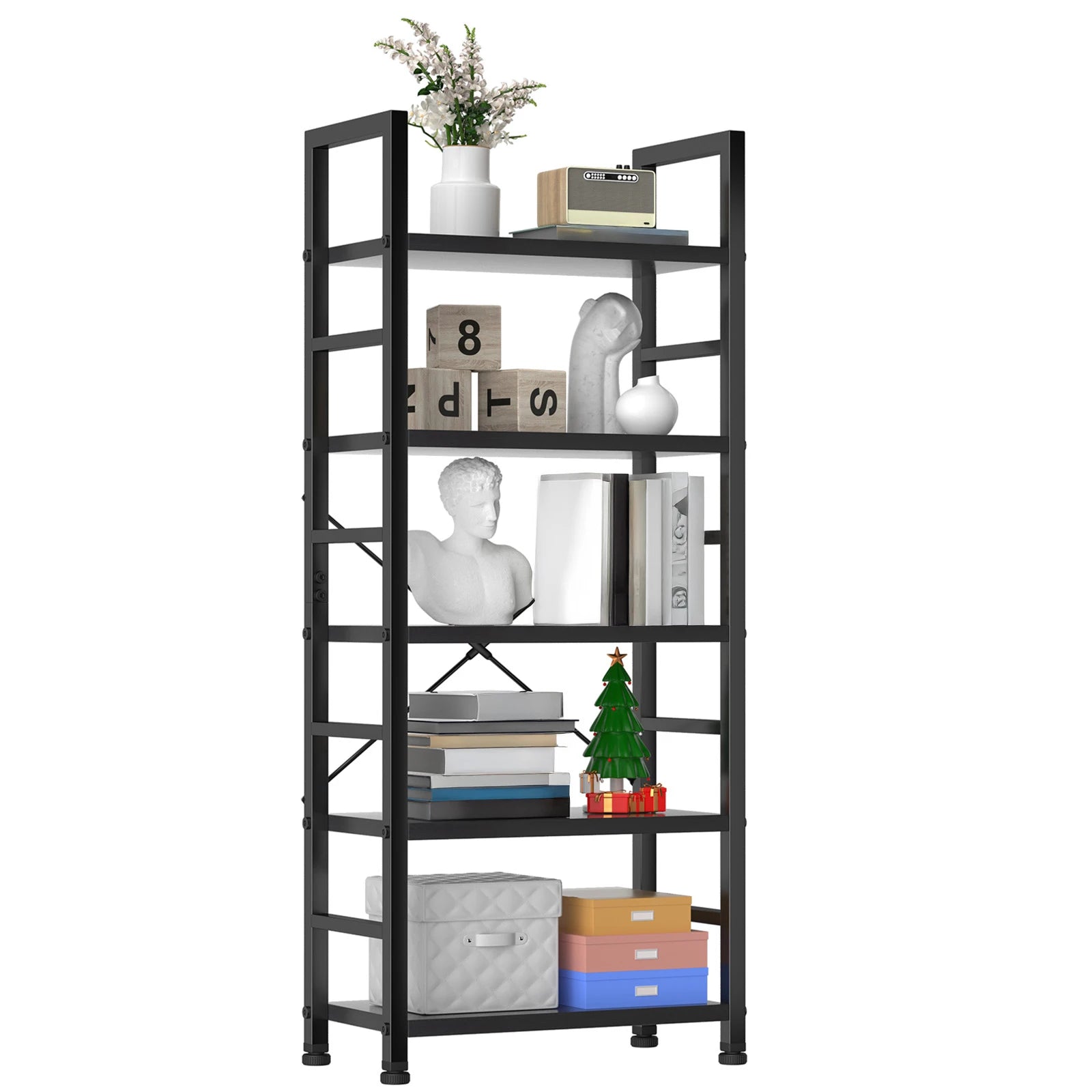 JHK 5 Tier Wooden Display Bookshelf Storage Standing Shelf Stable Frame Graduated Shelves for Organized Display for Living Room