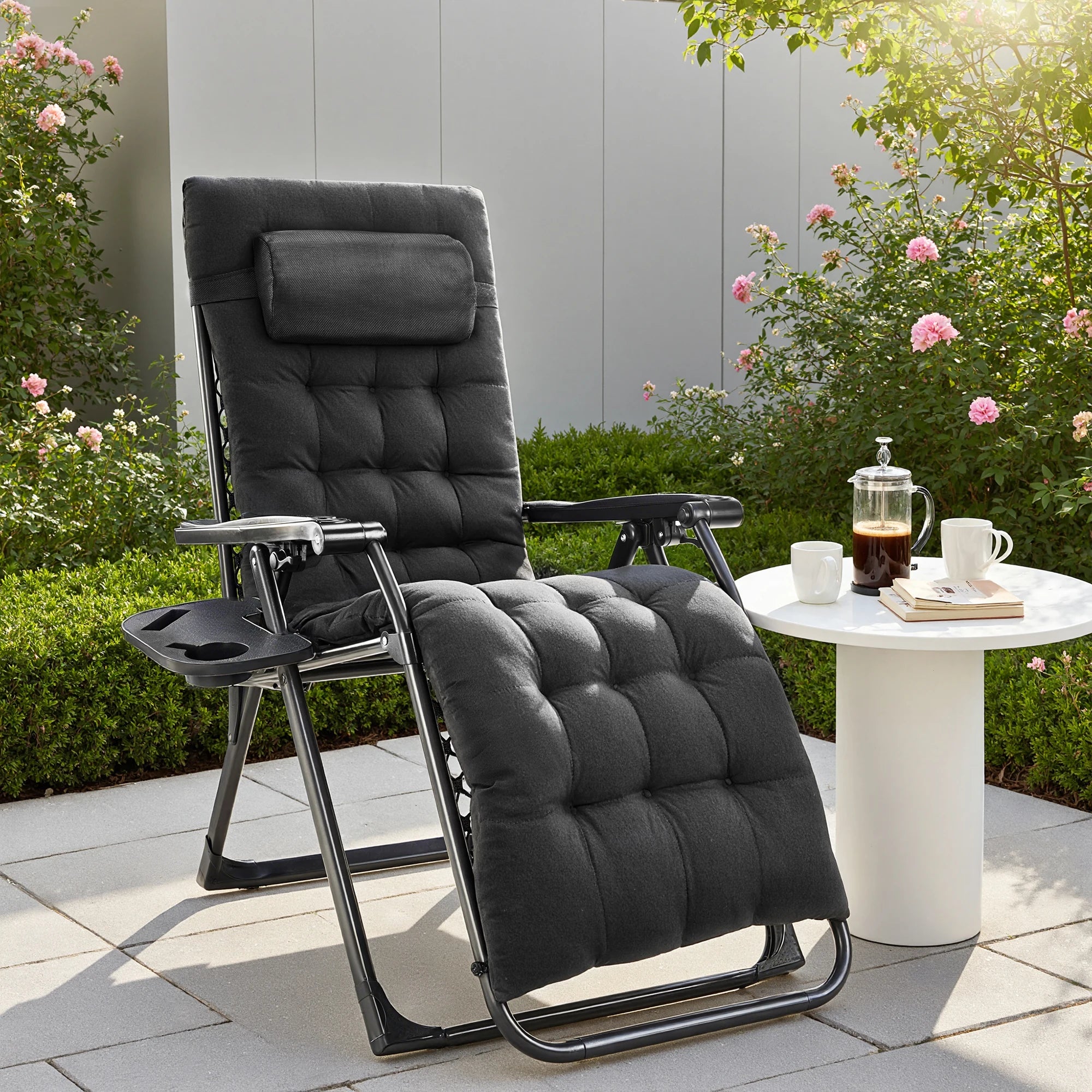 JHK Oversized Zero Gravity Cotton Padded Reclining Chair Foldable Lounge Chair with Adjustable Pillow Cup Holder For Patio