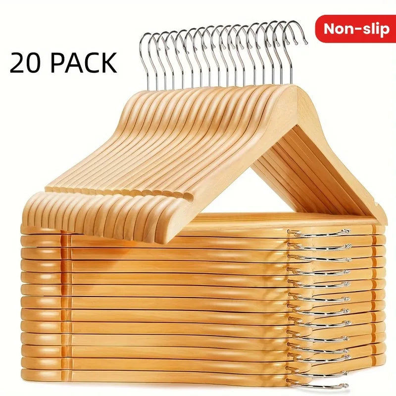 20pcs Non-Slip Wooden Clothes Hangers with Grooves, Solid Wood Clothing Rack for Wardrobe Bedroom & Clothing Store