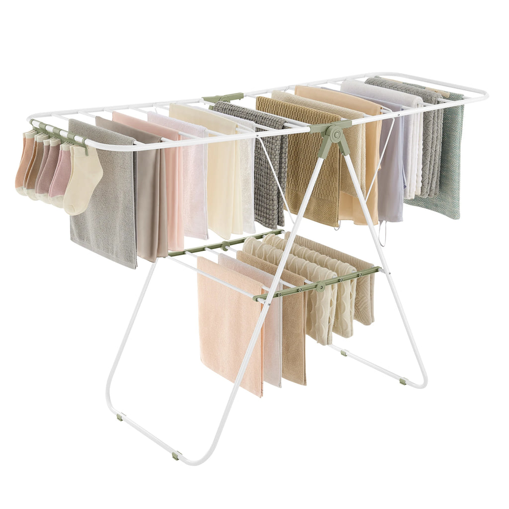 SONGMICS Clothes Drying Rack, with Sock Clips, Metal Laundry Rack, Foldable, Space-Saving, Free-Standing Airer, with 2 Height-Ad