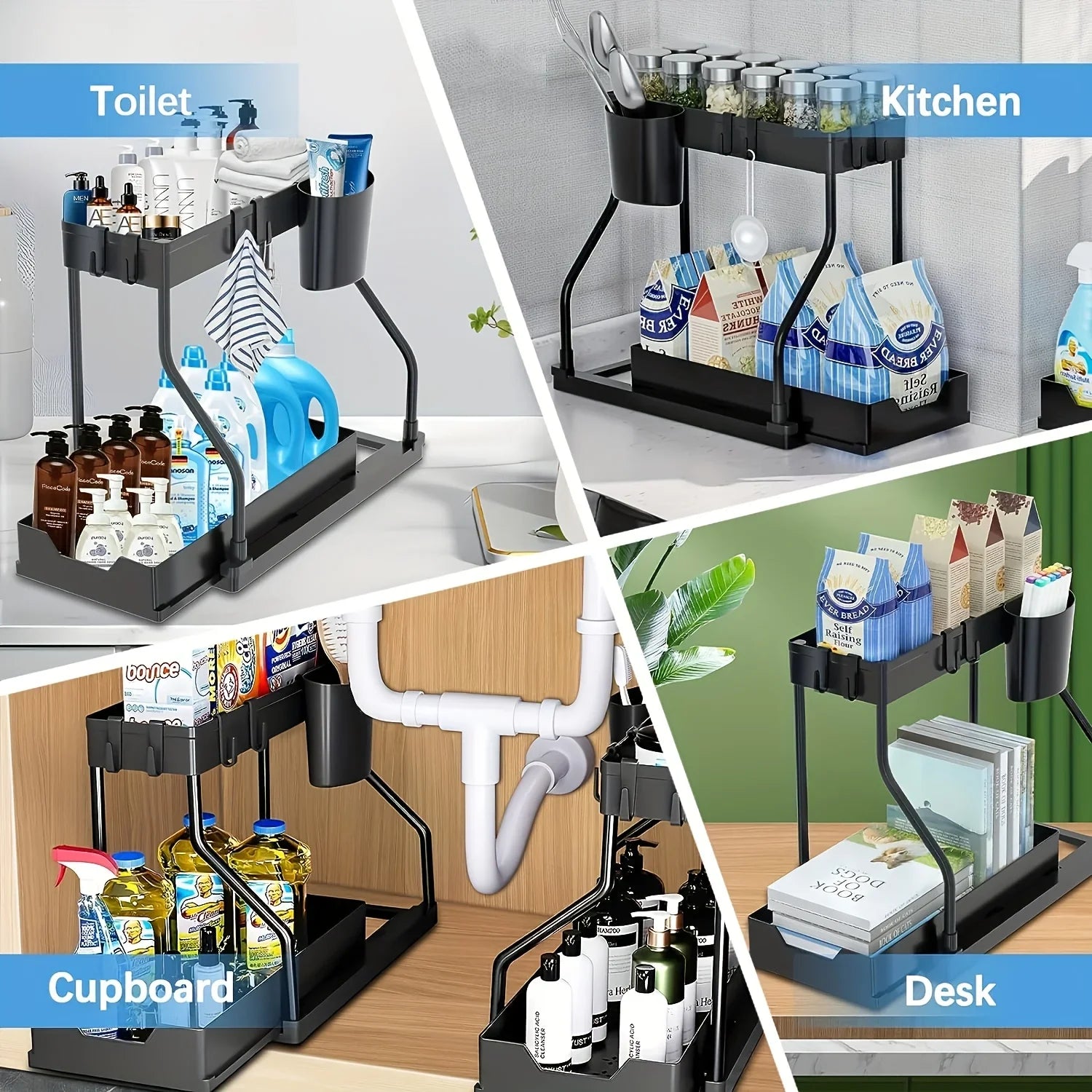 2 Tier Under Sink Organizer, Pull-Out Drawer Storage Rack, Multipurpose Kitchen Bathroom Shelf for Spice, Cosmetics, Toiletries