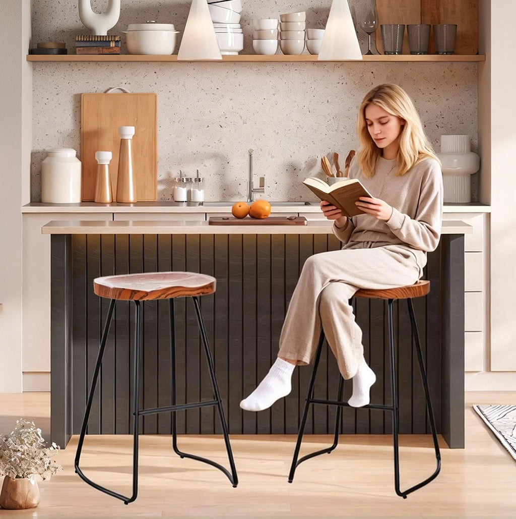 JHK 26 Inch Wood Saddle Seat Drawing Chair Bar Stools Counter Height Backless Counter Stools with Metal Legs for Office Home