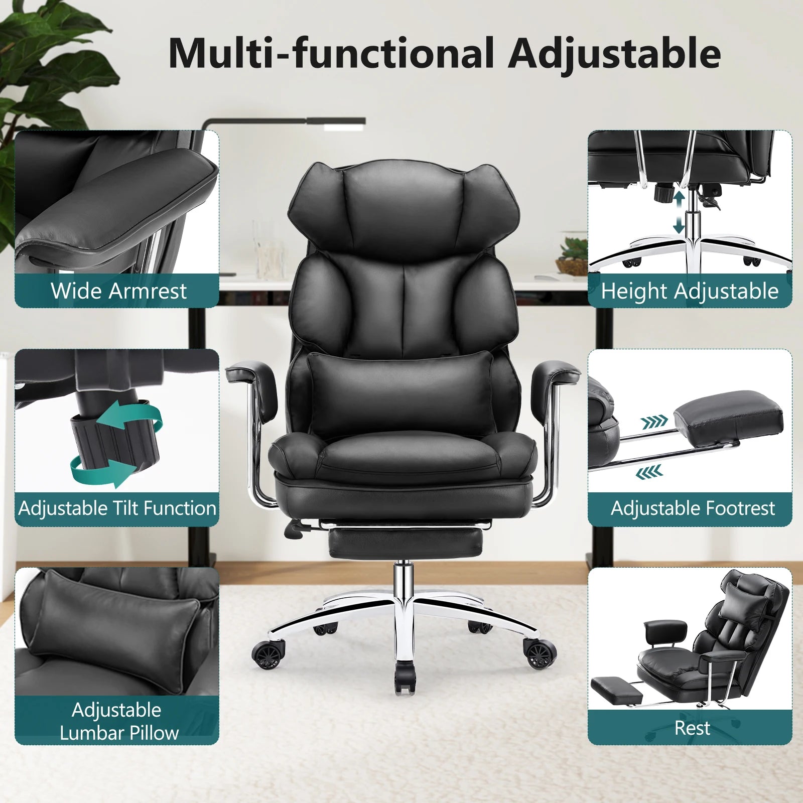 JHK PU Leather Ergonomic Office Computer Desk Chair High Back with Footrest Lumbar Support Height Adjustable For Home Office
