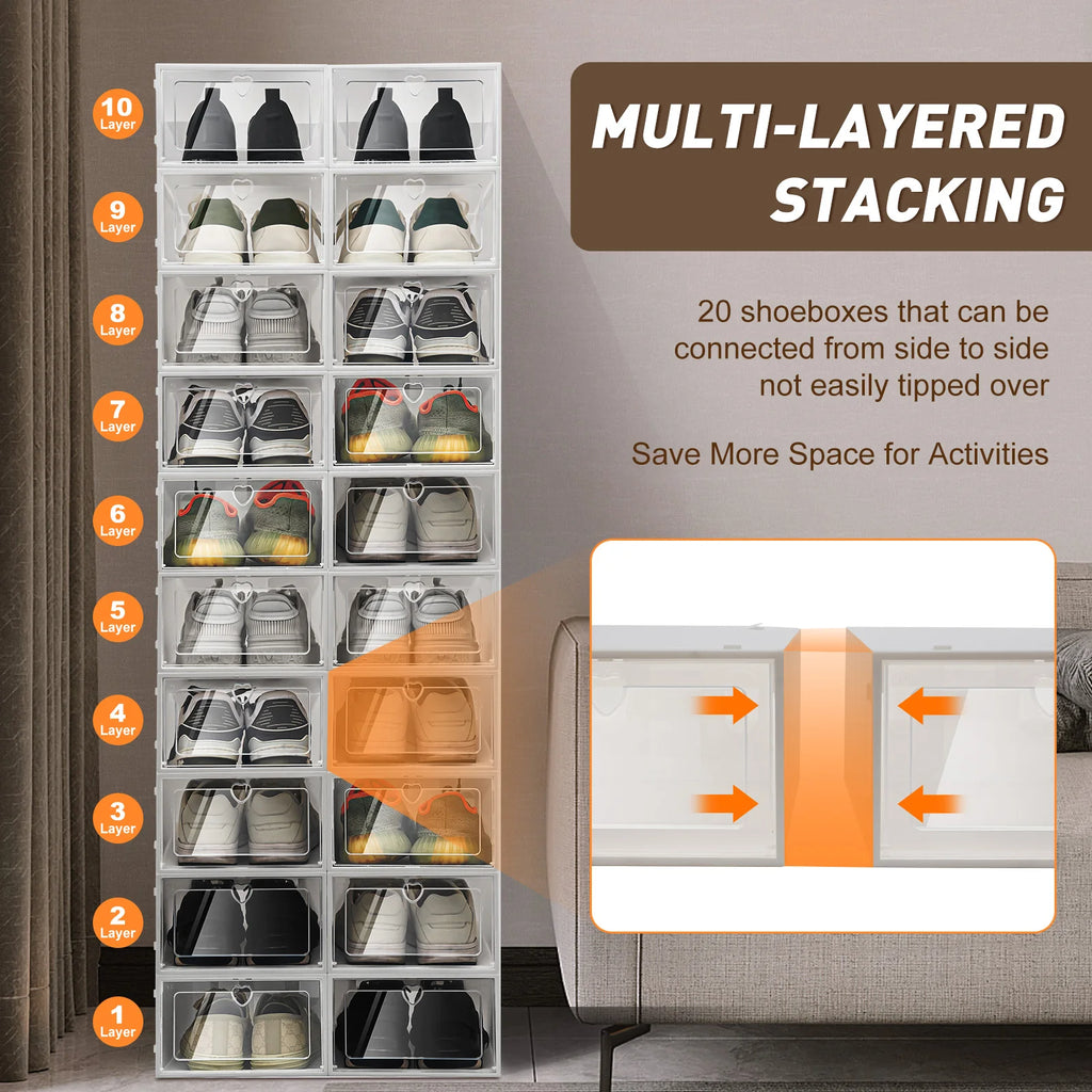 20PCS Foldable Flip Shoe Boxes Set, Shoe Rack Stackable Storage Container Plastic Clear Shoe Case Home Organizer 33*23*14cm