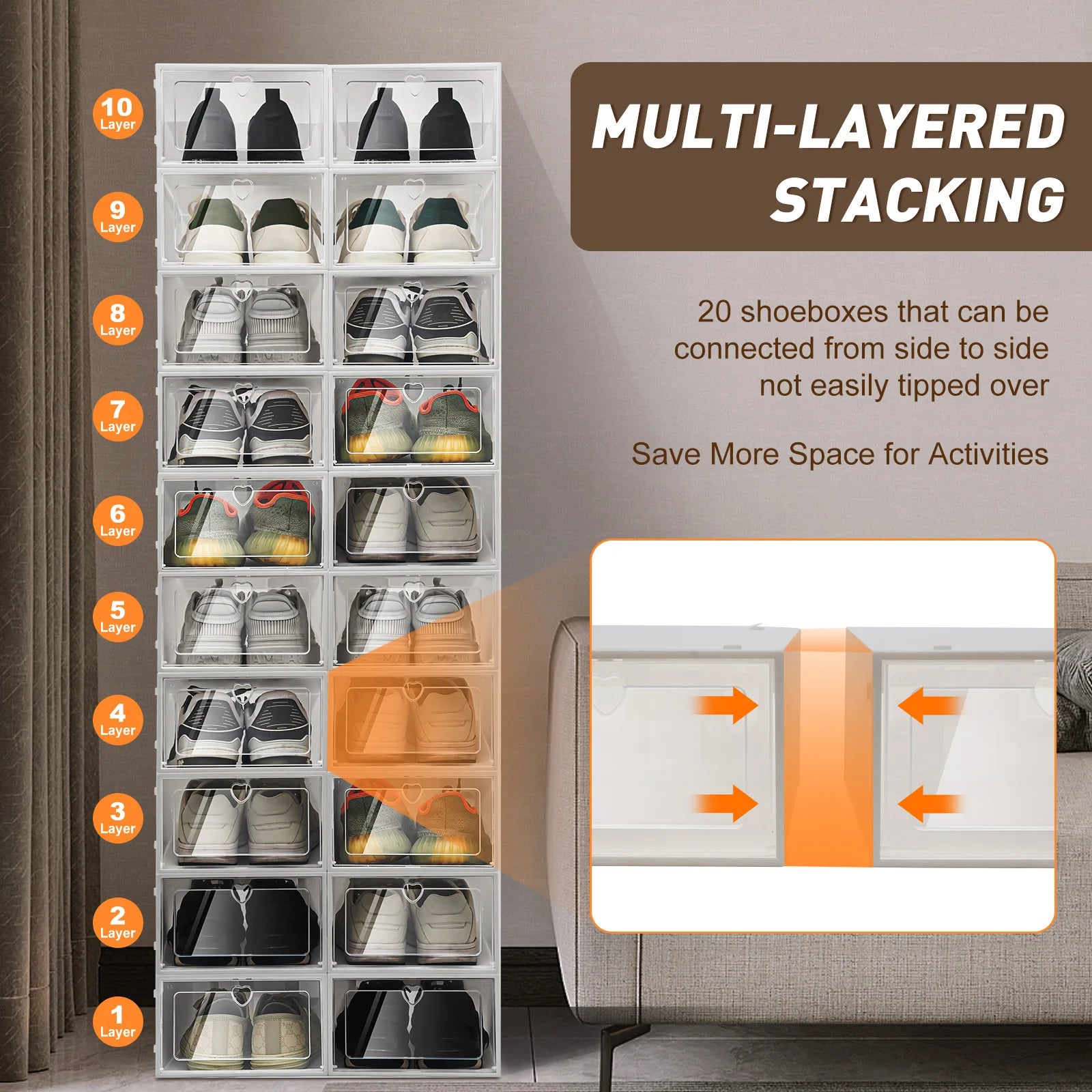 20PCS Foldable Flip Shoe Boxes Set, Shoe Rack Stackable Storage Container Plastic Clear Shoe Case Home Organizer 33*23*14cm