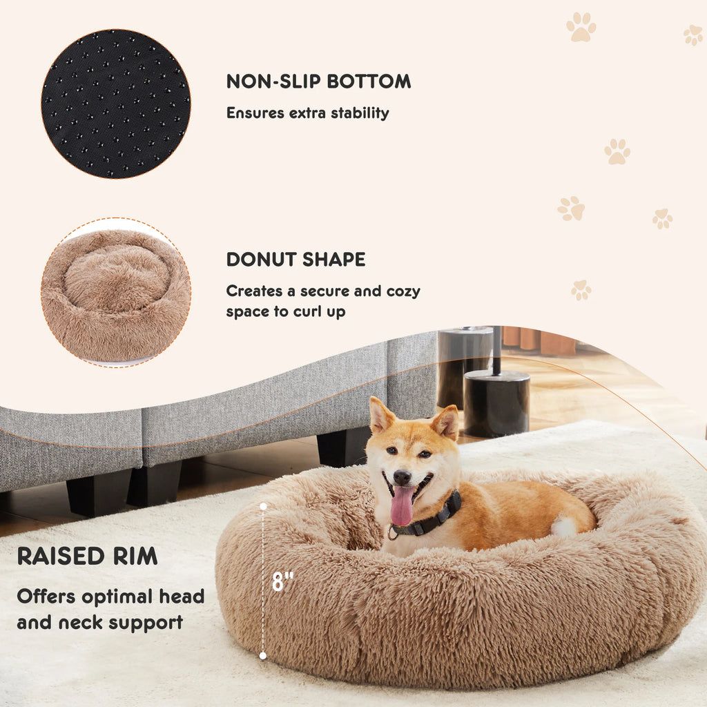 JHK Round Plush Faux Fur Calming Dog Bed for Medium to Large Dogs Washable Large Pet Bed Anti-Slip Fluffy Dog Bed For Home