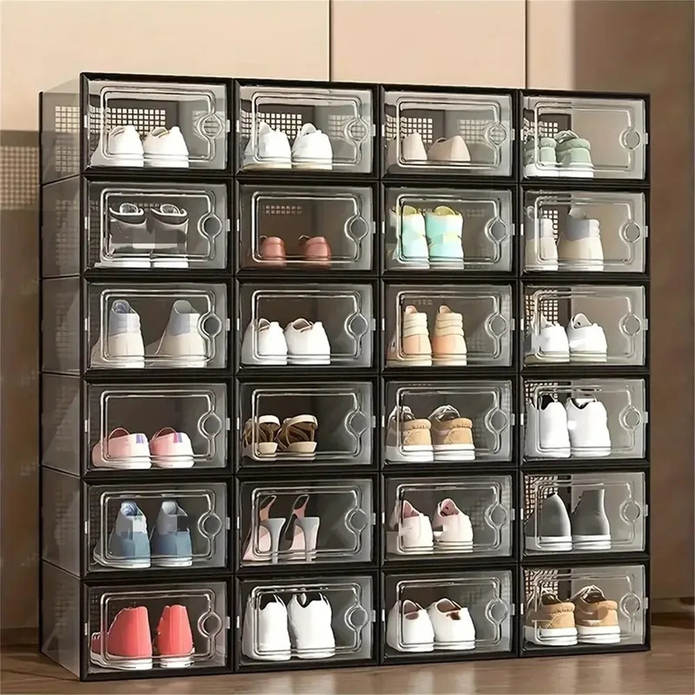 24pcs Large Stackable Plastic Shoe Storage Boxes Transparent Dustproof Display Cabinet for Men/Women Sports Shoes Boots Hats - Home Organization