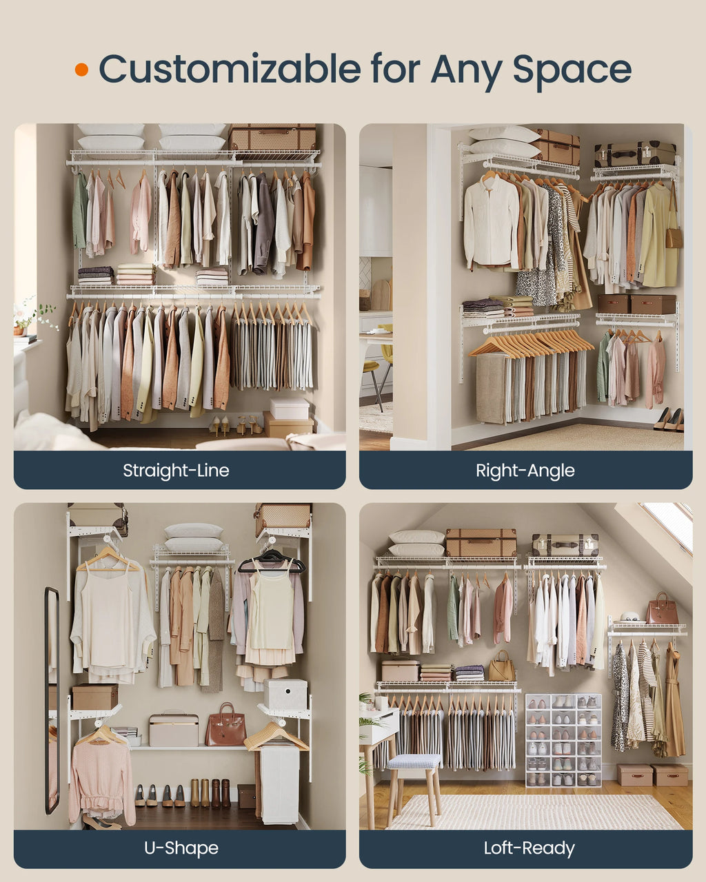 SONGMICS HOME Closet System, Closet Insert Organizer, 4-6 ft, Adjustable Metal Shelving Unit with 6 Hanging Rods, 6 Shelves, and