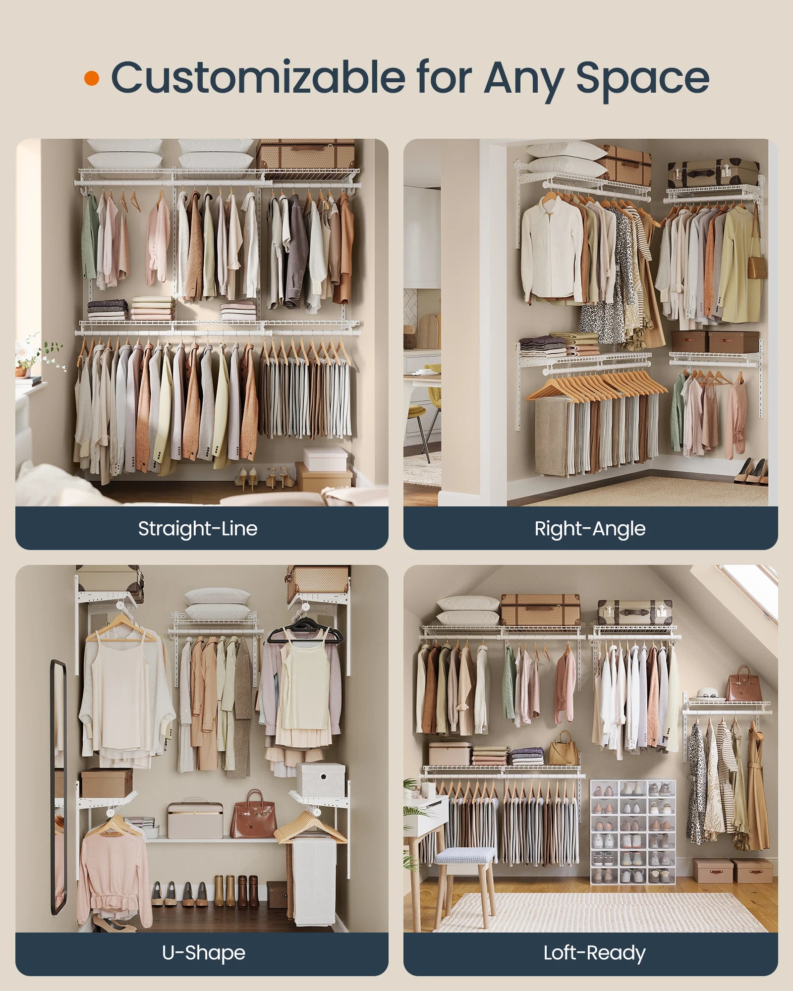 SONGMICS HOME Closet System, Closet Insert Organizer, 4-6 ft, Adjustable Metal Shelving Unit with 6 Hanging Rods, 6 Shelves, and