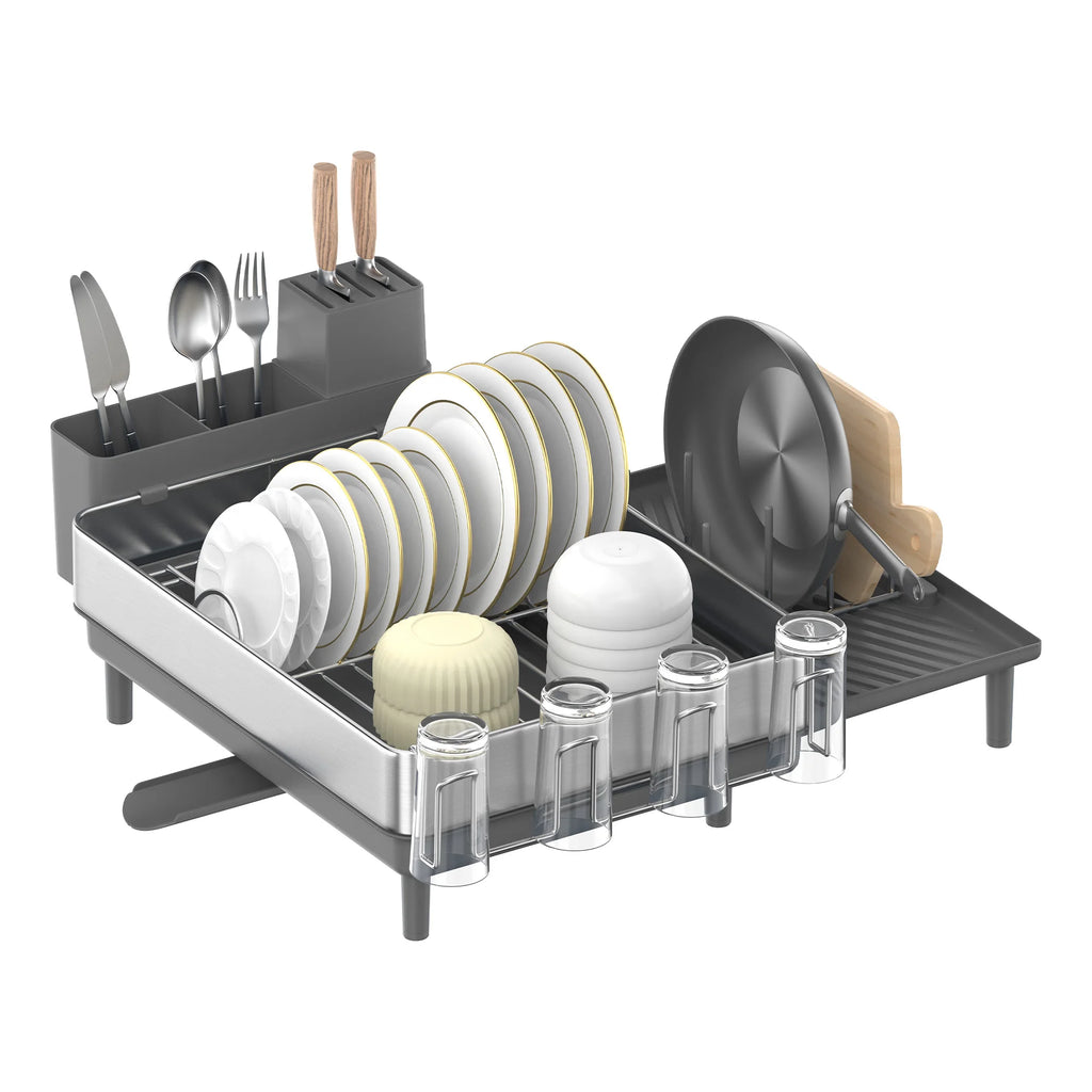 SONGMICS Large Dish Drying Rack, Expandable Dish Dryer for Kitchen Counter, Stainless Steel Dish Rack with Rotatable Spout, Uten