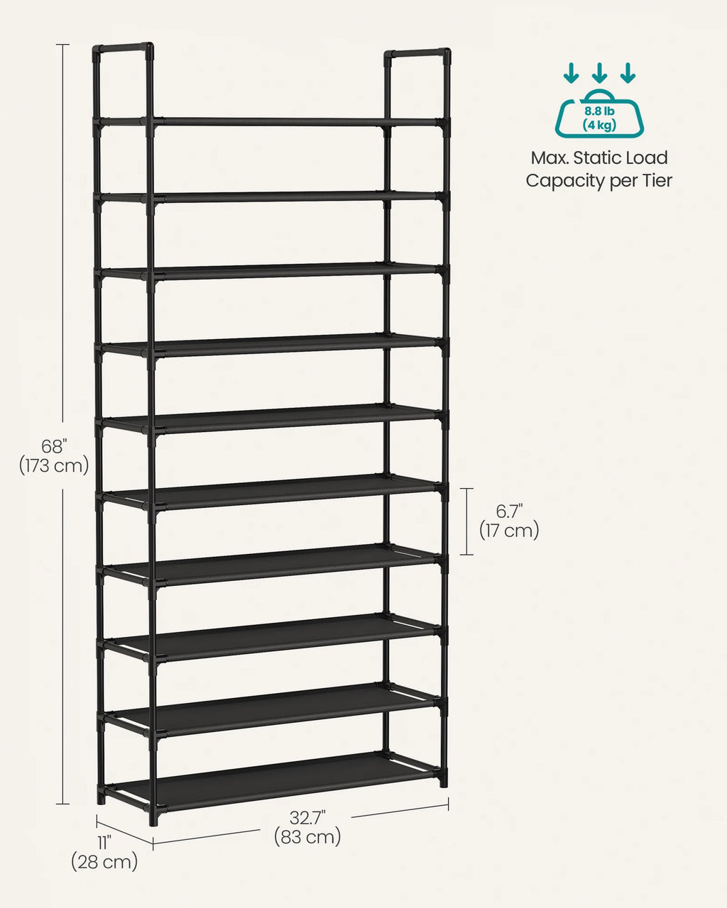 SONGMICS Shoe Rack, 10-Tier Shoe Shelf, Shoe Storage Organizer, 11 x 32.7 x 68 Inches, Metal Frame, Non-Woven Fabric Shelves, fo