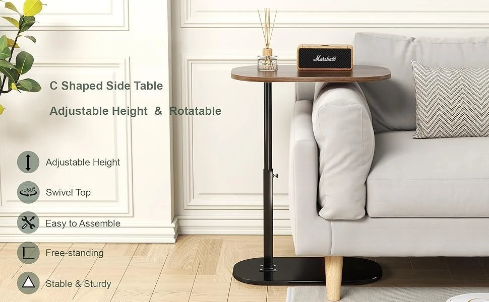 Adjustable C-Shaped Side Table with Swivel Top - Multi-Height End Table for Couch, Bed, Bathtub & Living Room