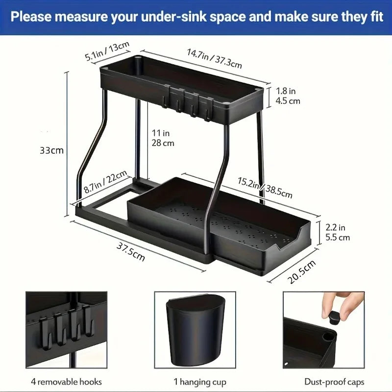 2 Tier Under Sink Organizer, Pull-Out Drawer Storage Rack, Multipurpose Kitchen Bathroom Shelf for Spice, Cosmetics, Toiletries