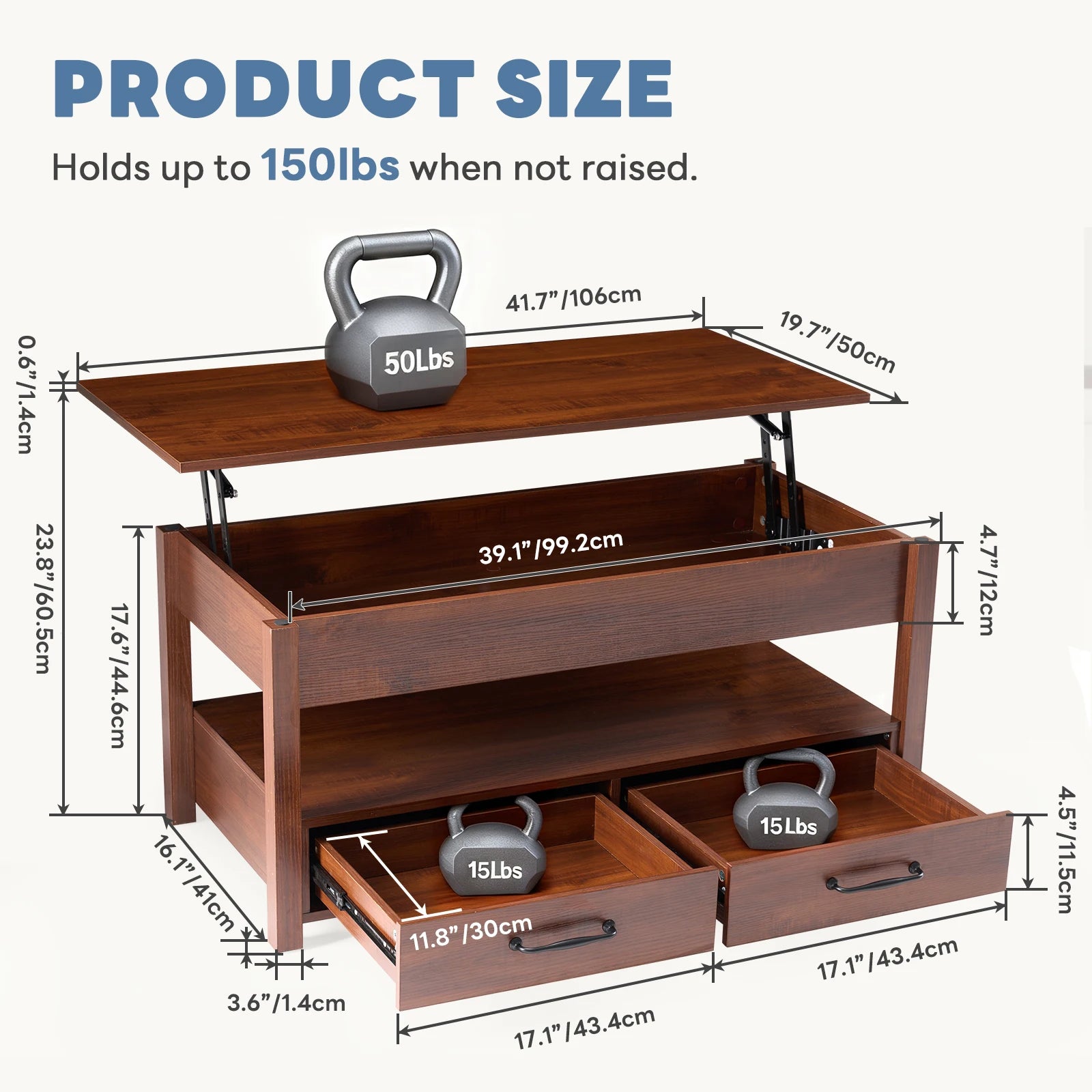 JHK Lift Top Coffee Table with Drawers and Hidden Compartment Adjustable Height Small Coffee Table for Living Room with Storage