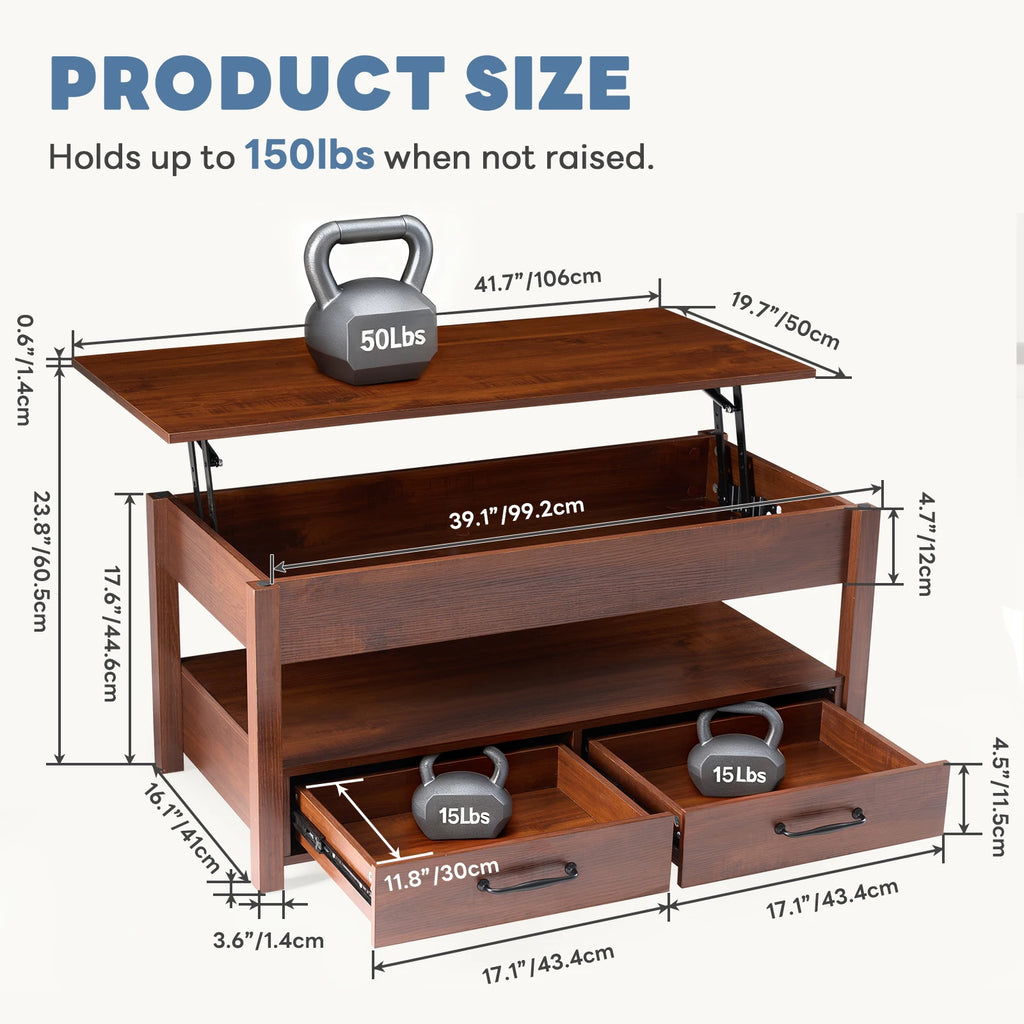 JHK Lift Top Coffee Table with Drawers and Hidden Compartment Adjustable Height Small Coffee Table for Living Room with Storage