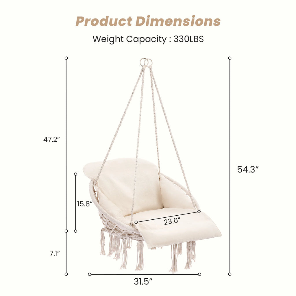 JHK 31in Hammock Hanging Chair with Oversized Padded Cushion Cotton Rope Swing Chair with Tassels 330 lb Capacity Outdoor