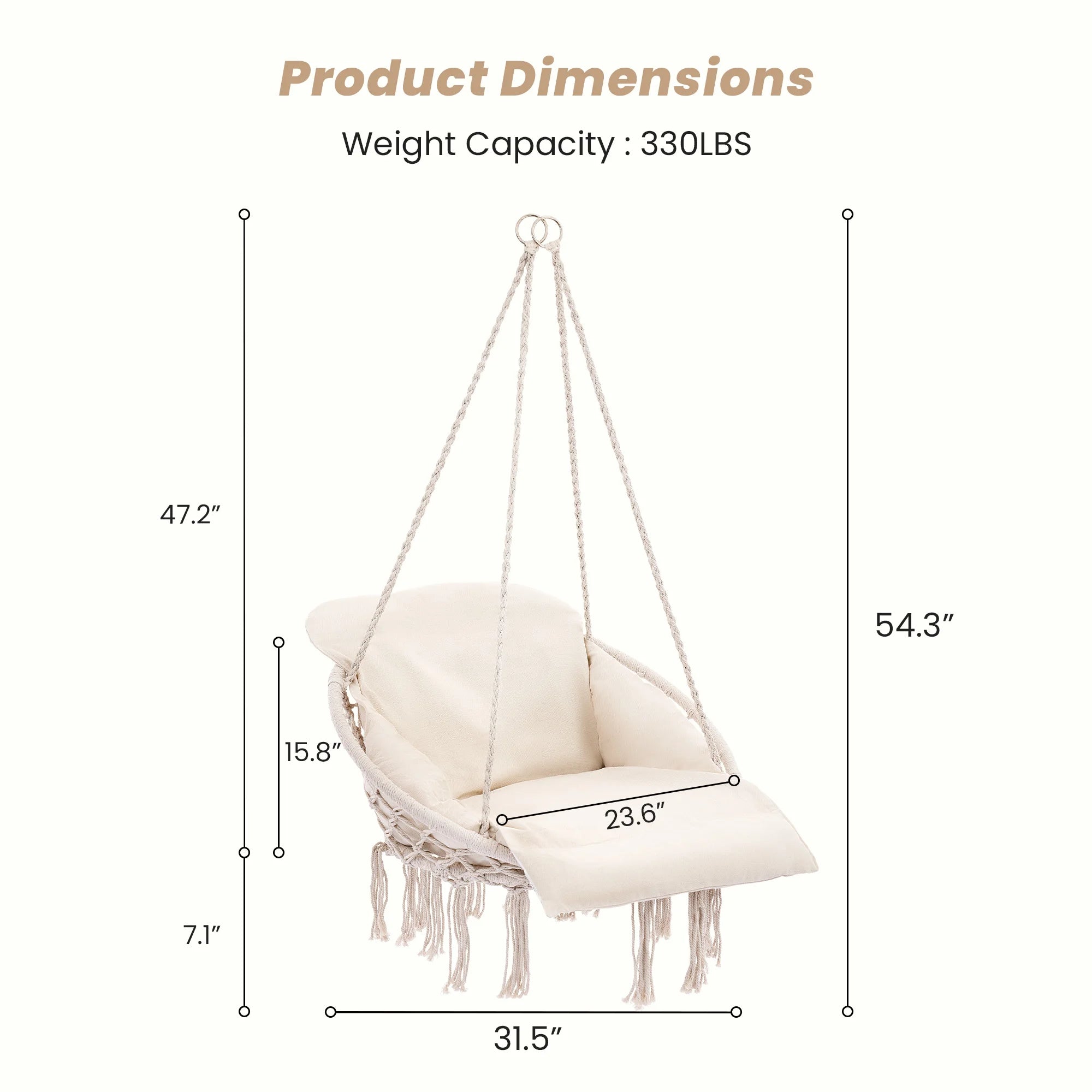 JHK 31in Hammock Hanging Chair with Oversized Padded Cushion Cotton Rope Swing Chair with Tassels 330 lb Capacity Outdoor