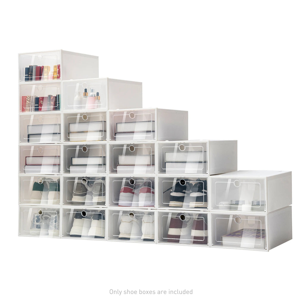 20/24PCS Foldable Flip Shoe Boxes Set Clear Plastic Stackable Storage Containers Home Organizer 33x23x14cm - Shoe Rack Case