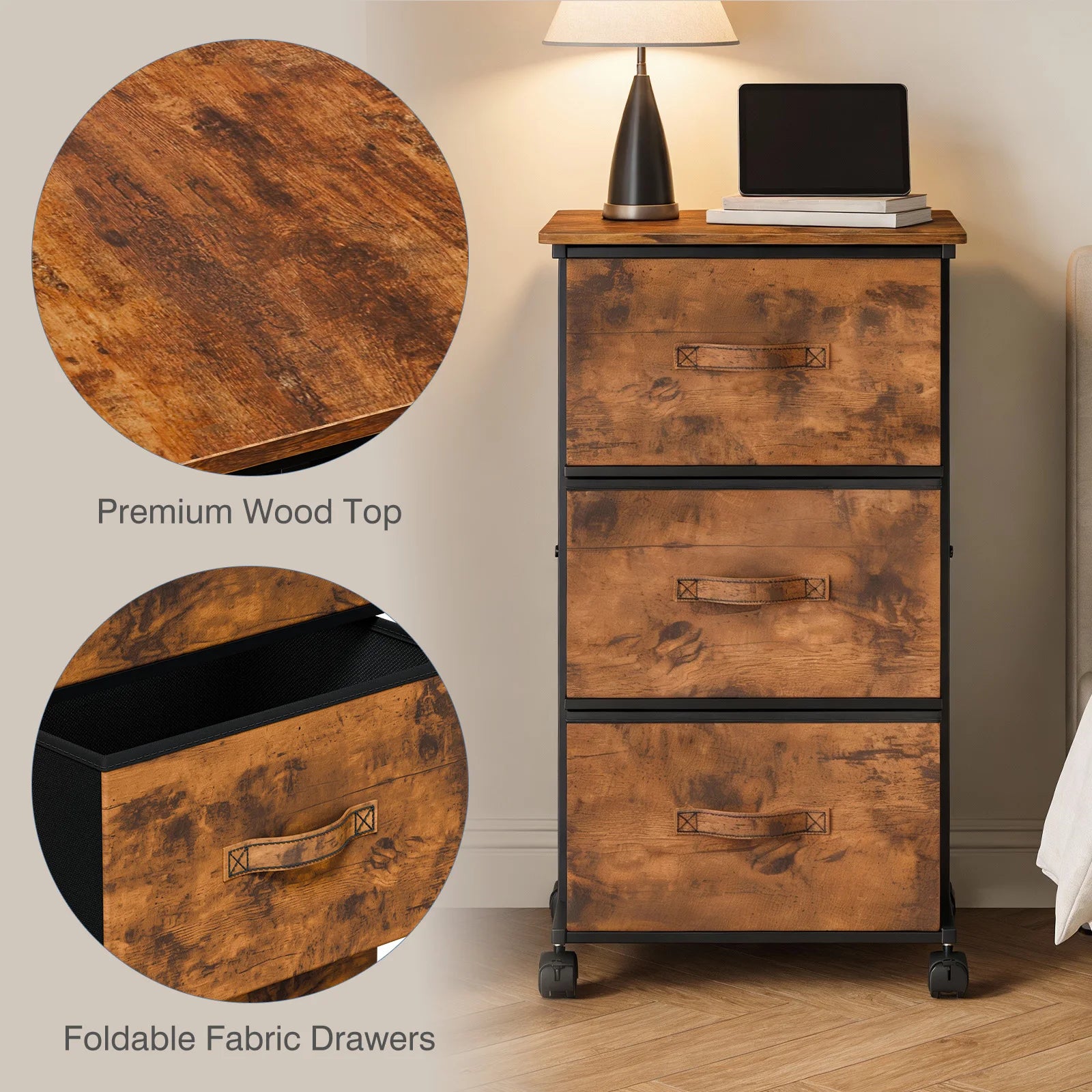 JHK 3 Foldable Fabric Drawers Cabinet For Living Room Wooden Top Movable Roller Beside Nightstand Tables With Steel Structure