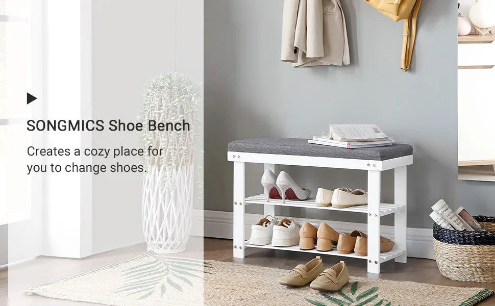 SONGMICS 3-Tier Bamboo Shoe Rack, Stable Shoe Organizer for Entryway & Living Room, Bench Seat Holds Up to 330 lb