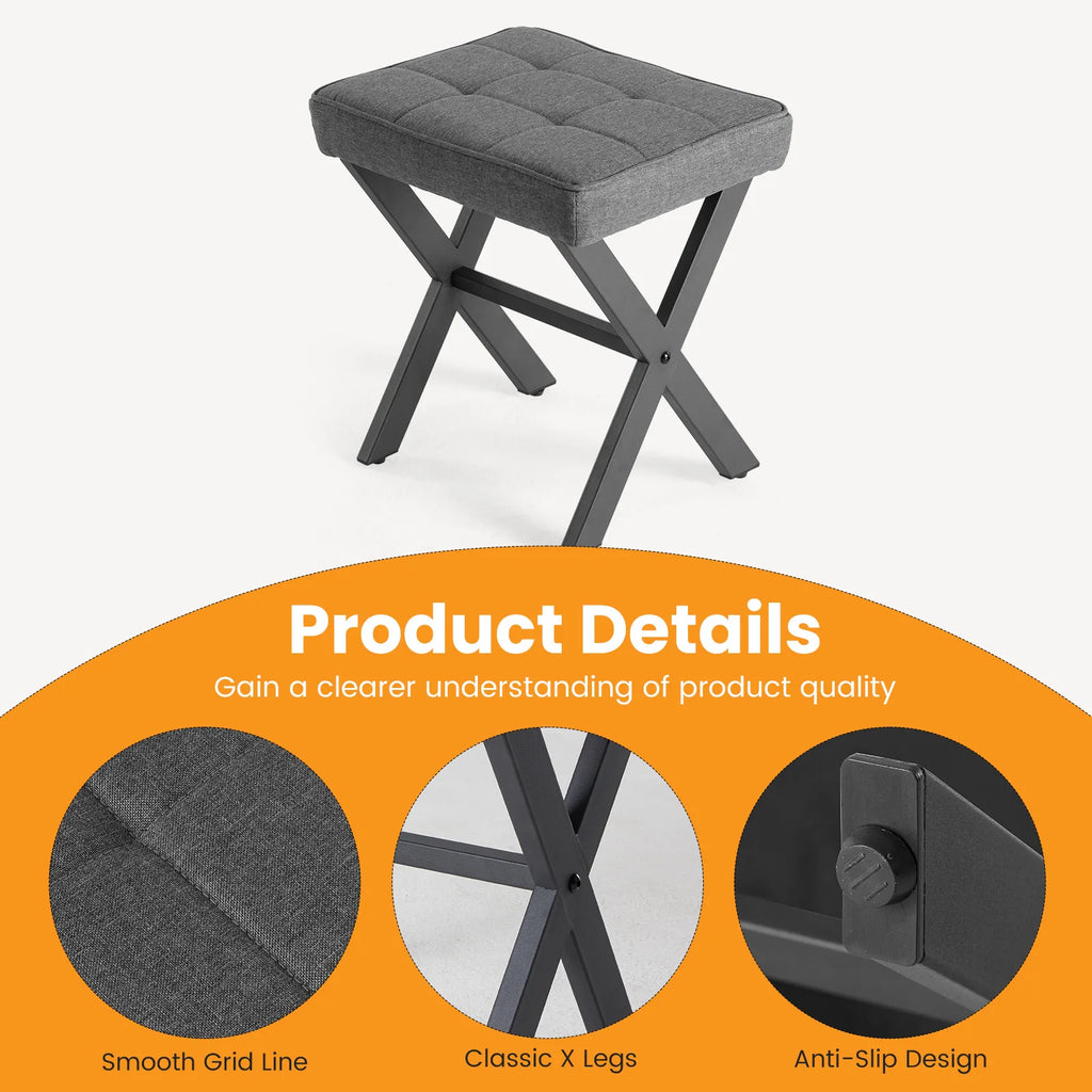 JHK Ottoman Square Linen Footstool Chair Metal X Legs Comfortable Padded Seat Vanity Makeup Stool Space-Saving for Living Room