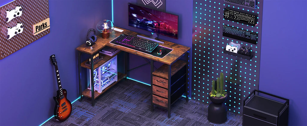 JHK L Shaped Desk with Shelf Drawers 55 Inch Corner Computer Desks Gaming with Power Outlet Adjustable Shelves Home Office Table