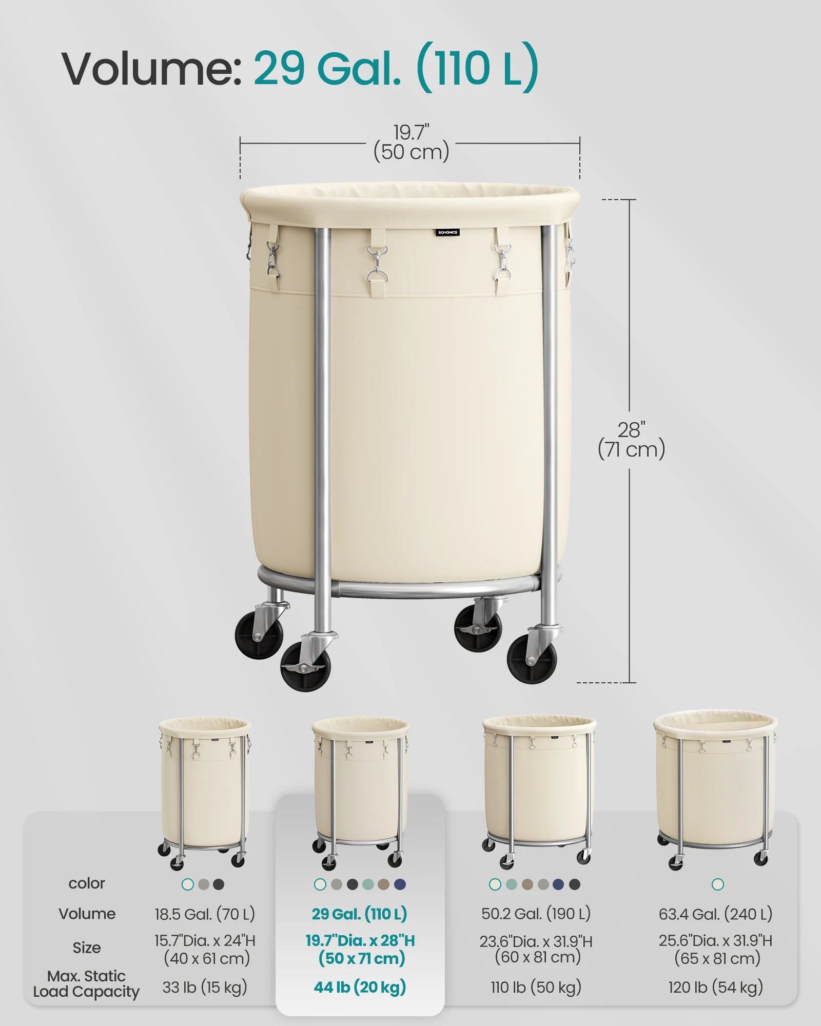 SONGMICS 29-Gallon (110 L) Laundry Basket with Wheels, Rolling Round Heavy-Duty Laundry Hamper Cart with Steel Frame and Removab