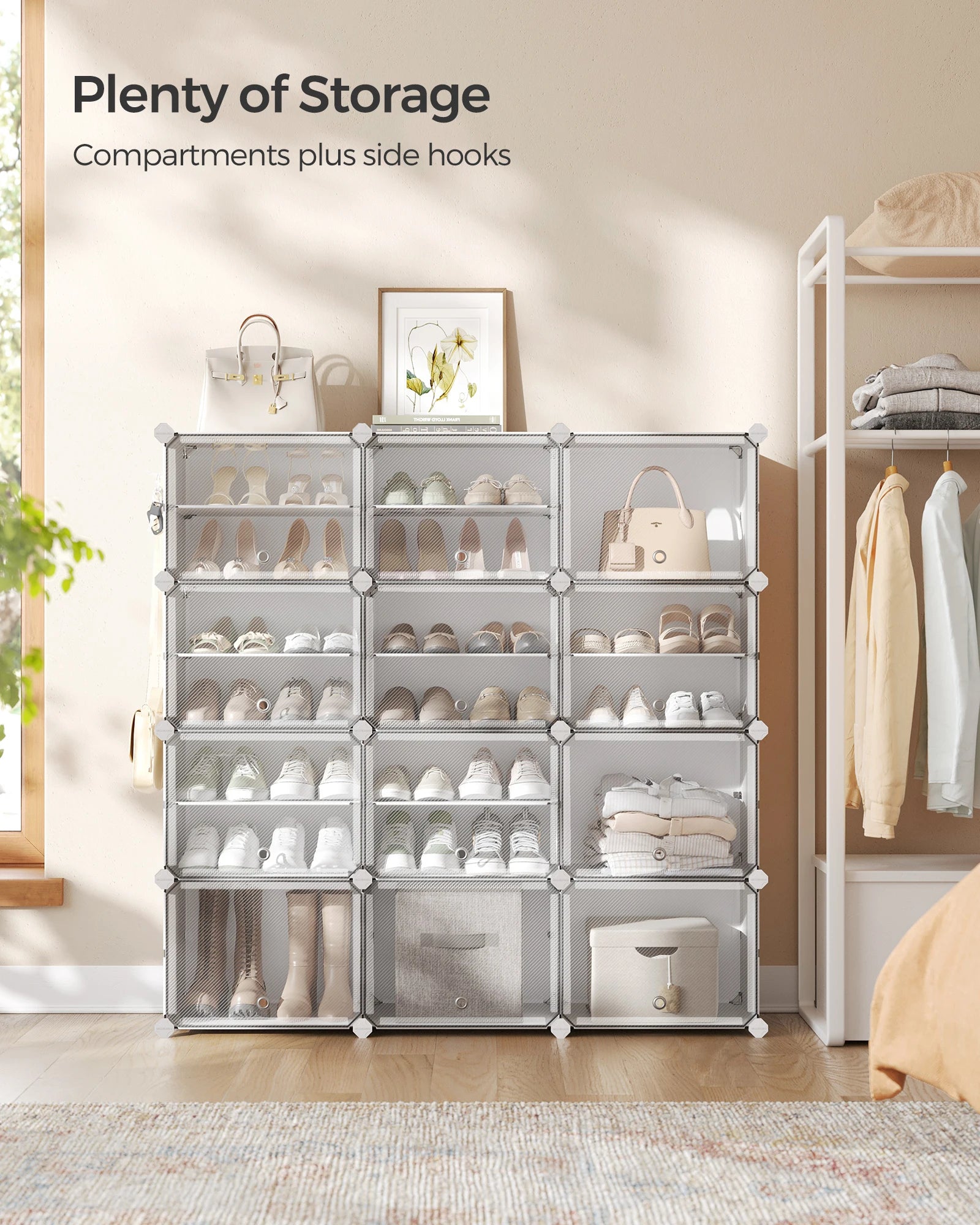 SONGMICS Shoe Rack, 12 Cubes Shoe Organizer with Doors, 48 Pair Plastic Shoe Storage Cabinet, for Bedroom, Entryway, Steel Frame