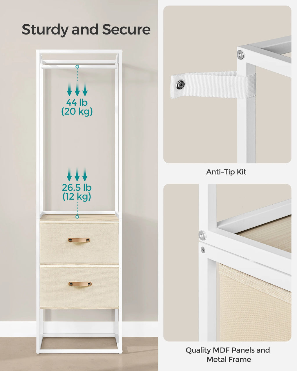 SONGMICS Clothes Rack, 70.9 Inch Wardrobe Freestanding Closet, Heavy Duty Garment Rack with 1 Extendable Hanging Rod, 2 Drawers