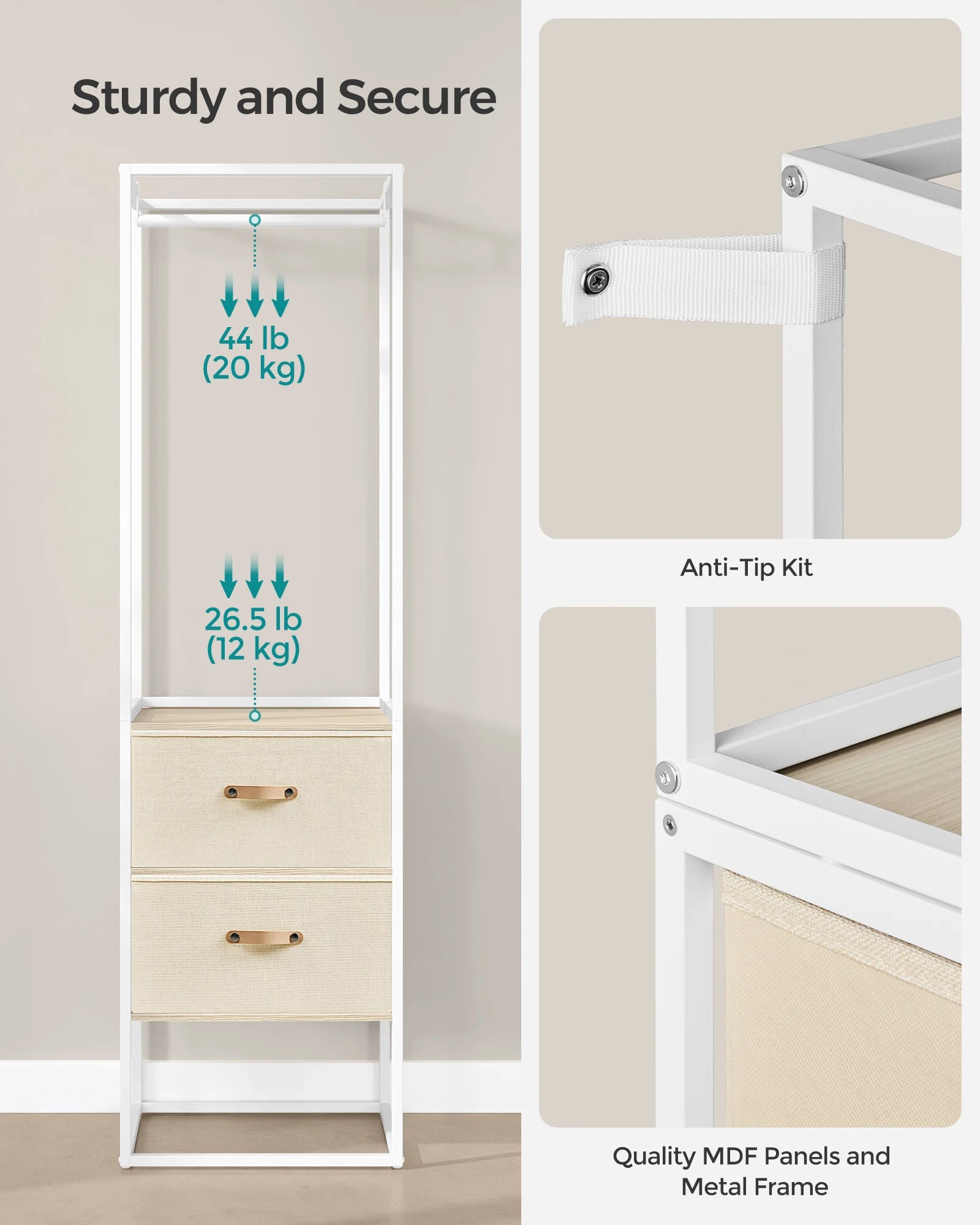 SONGMICS Clothes Rack, 70.9 Inch Wardrobe Freestanding Closet, Heavy Duty Garment Rack with 1 Extendable Hanging Rod, 2 Drawers