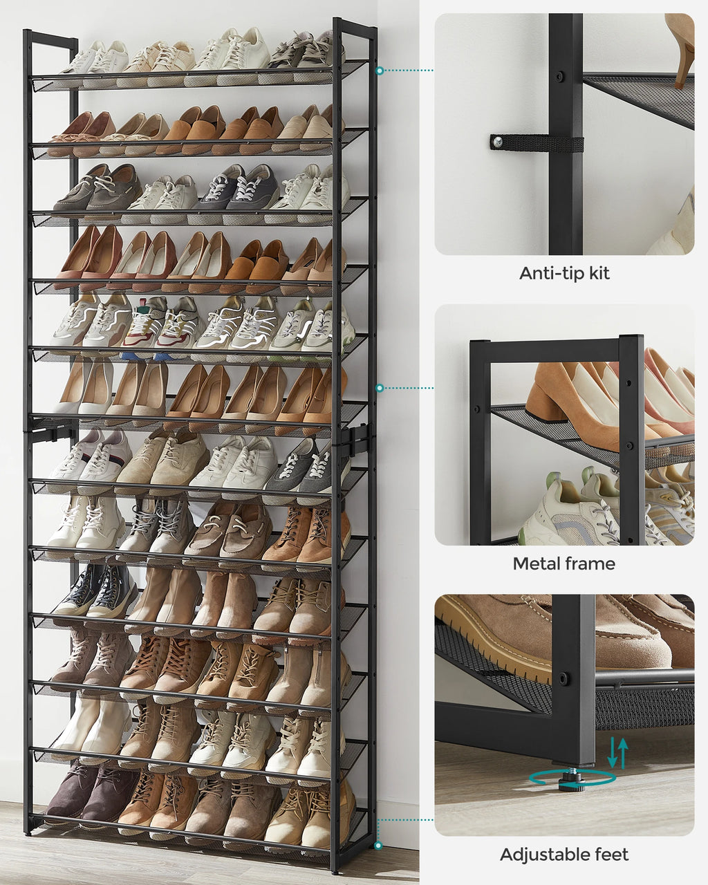 SONGMICS Shoe Rack, 12-Tier Shoe Organizer, Metal Shoe Storage for Garage, Entryway, Set of 2 6-Tier Stackable Shoe Shelf, with