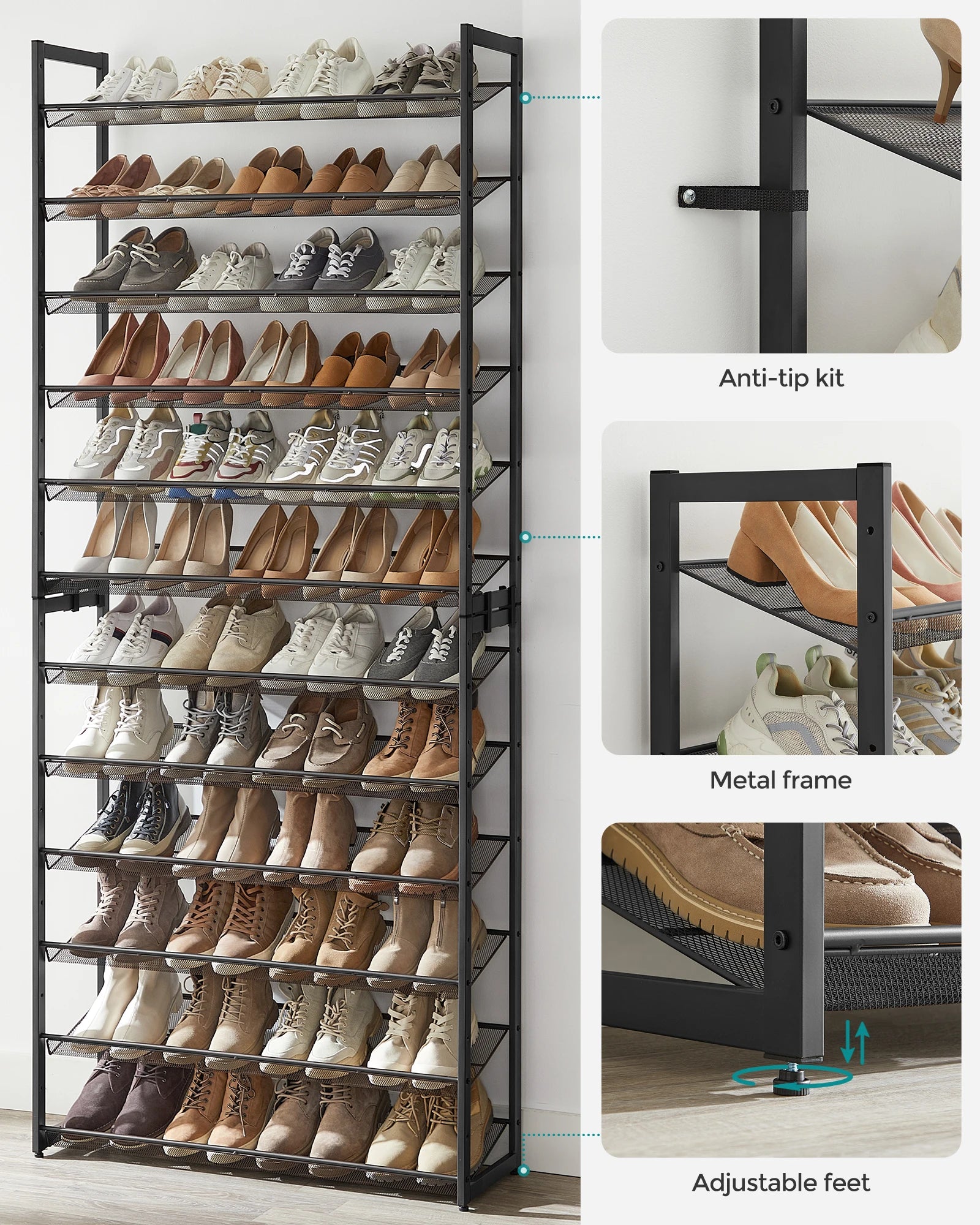 SONGMICS Shoe Rack, 12-Tier Shoe Organizer, Metal Shoe Storage for Garage, Entryway, Set of 2 6-Tier Stackable Shoe Shelf, with