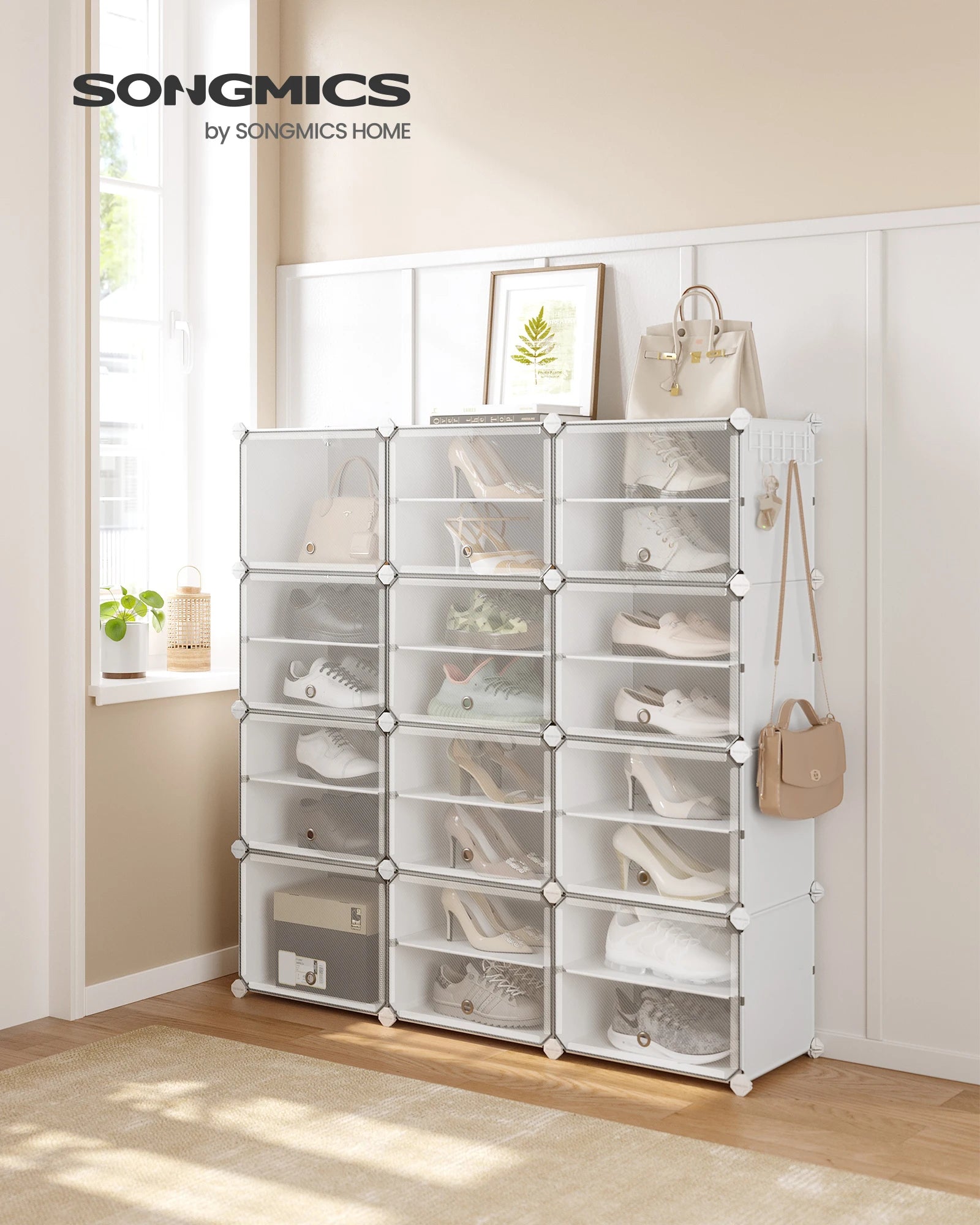 SONGMICS Shoe Rack, 12 Cubes Shoe Organizer with Doors, 48 Pair Plastic Shoe Storage Cabinet, for Bedroom, Entryway, Steel Frame