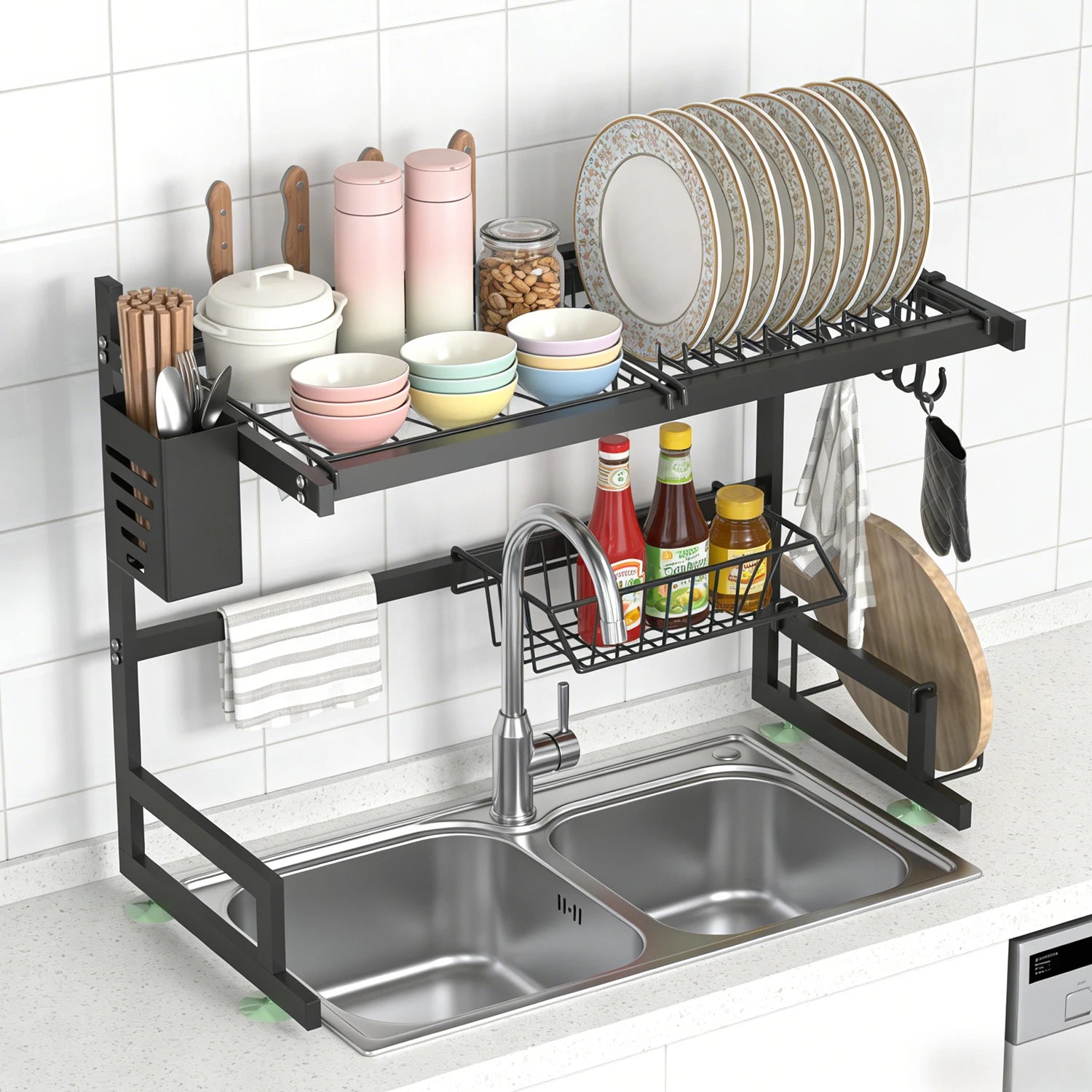 Dish Rack Above Sink - Two-Tier Large Capacity Draining Rack with Knife and Utensil Holder Home Decor