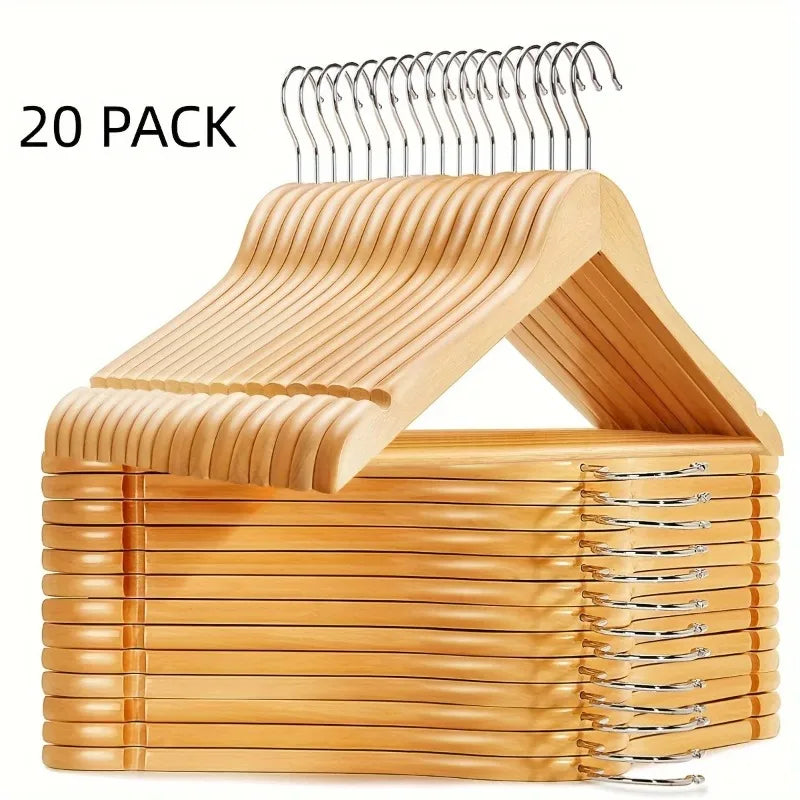 20pcs Non-Slip Wooden Clothes Hangers with Grooves, Solid Wood Clothing Rack for Wardrobe Bedroom & Clothing Store