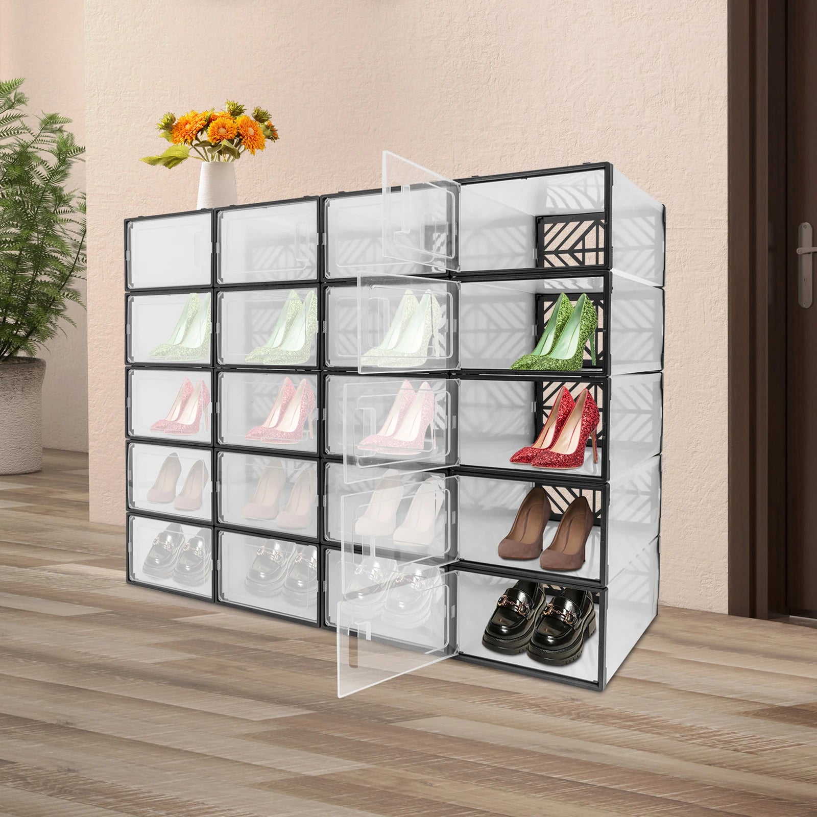 20 Pcs Shoe Storage Box Transparent PP Plastic Shoe Cabinet Moisture & Dust Proof Modern Organizer Black/White
