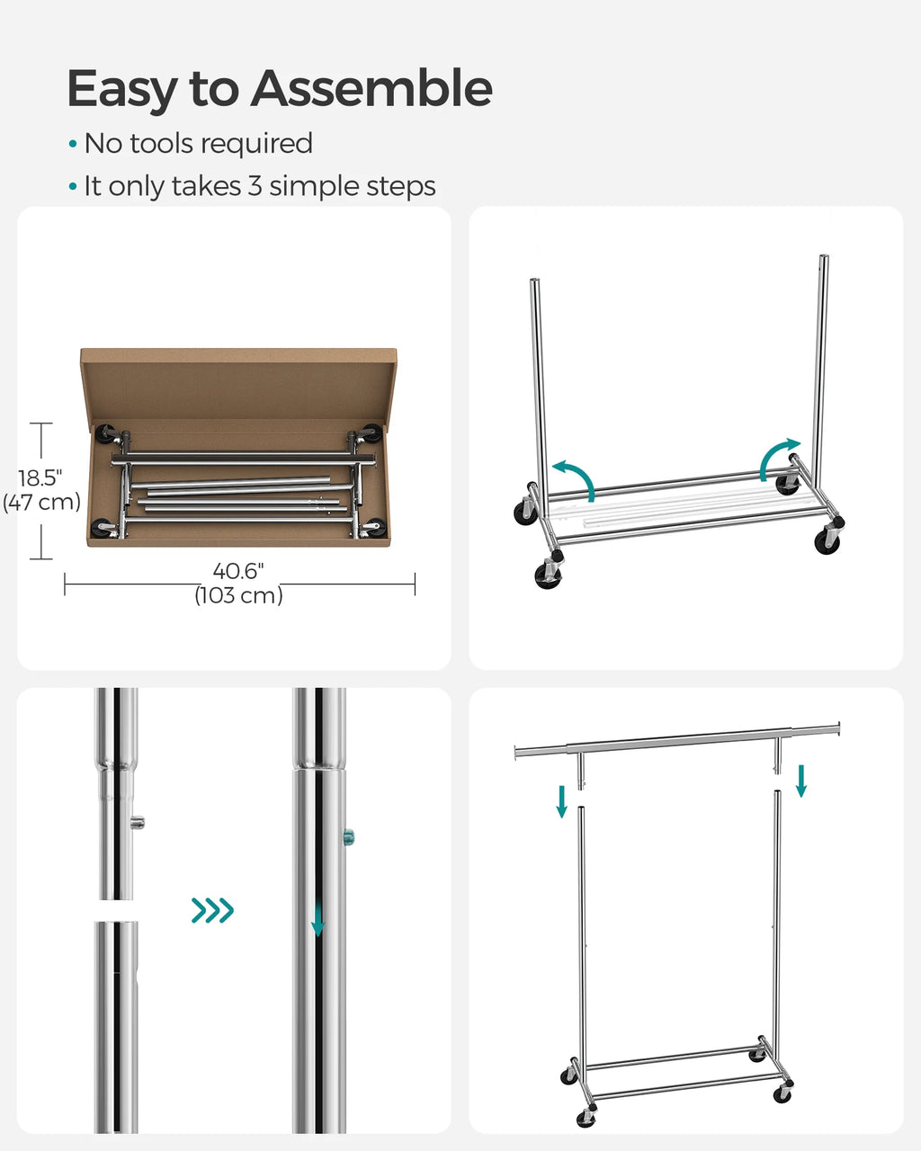SONGMICS Clothes Rack with Wheels, Heavy-Duty Clothing Rack for Hanging Clothes, Portable, 17.7 x (36.2-52) x 63.6 Inches, with
