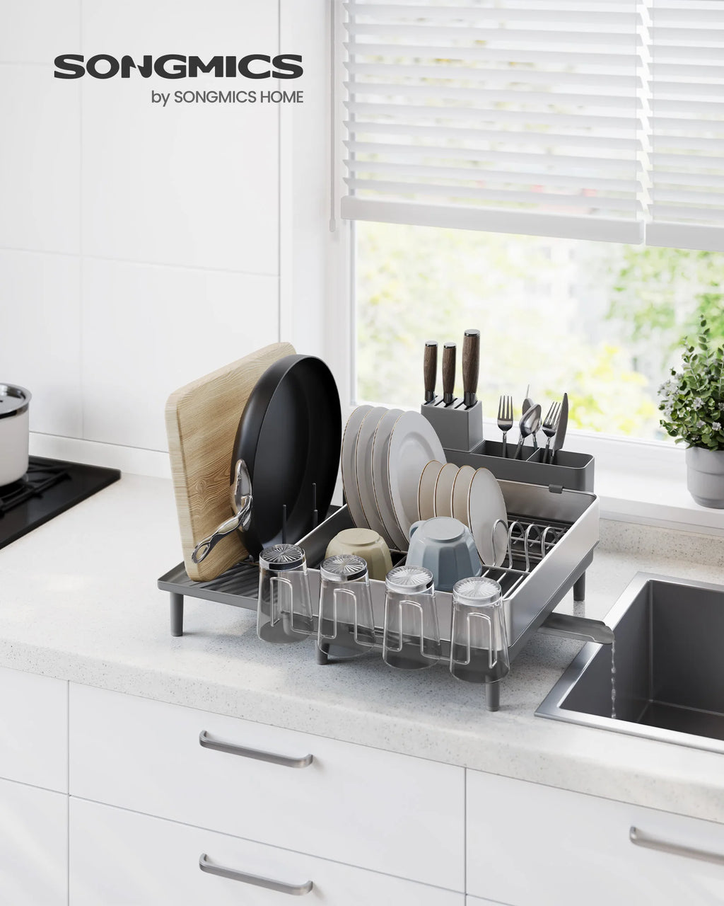 SONGMICS Large Dish Drying Rack, Expandable Dish Dryer for Kitchen Counter, Stainless Steel Dish Rack with Rotatable Spout, Uten