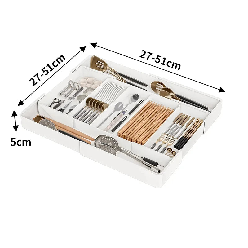 1pc Kitchen Drawer Retractable Storage Box Large-capacity Partitioning Storage Tray Home Tableware Knife Spoon Organizing Box