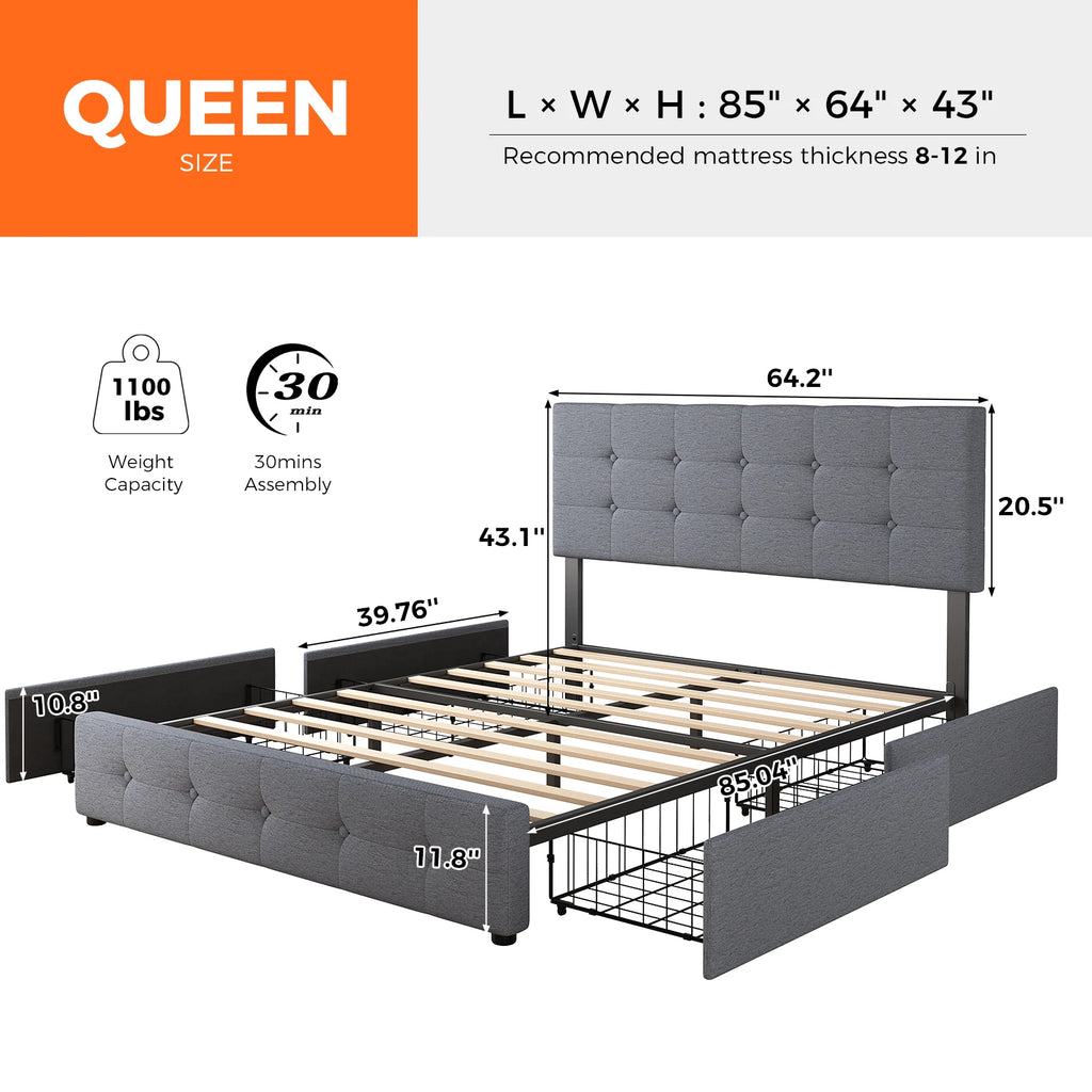 JHK Queen Full Size Bed Frame with Storage Upholstered Platform Bed Frame with 4 Drawers and Adjustable Height Button Headboard