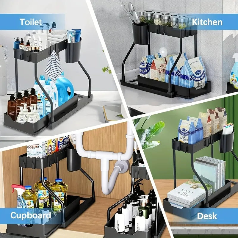 2 Tier Under Sink Organizer, Pull-Out Drawer Storage Rack, Multipurpose Kitchen Bathroom Shelf for Spice, Cosmetics, Toiletries