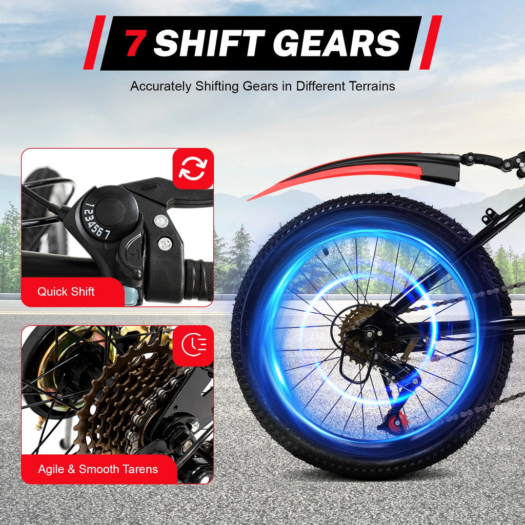 20" Mountain Bike 7 Speeds Kids Bicycle Dual-Disc Brakes Unisex Children's Bicycle Height Adjustable MTB Boys Girls Riding Bike