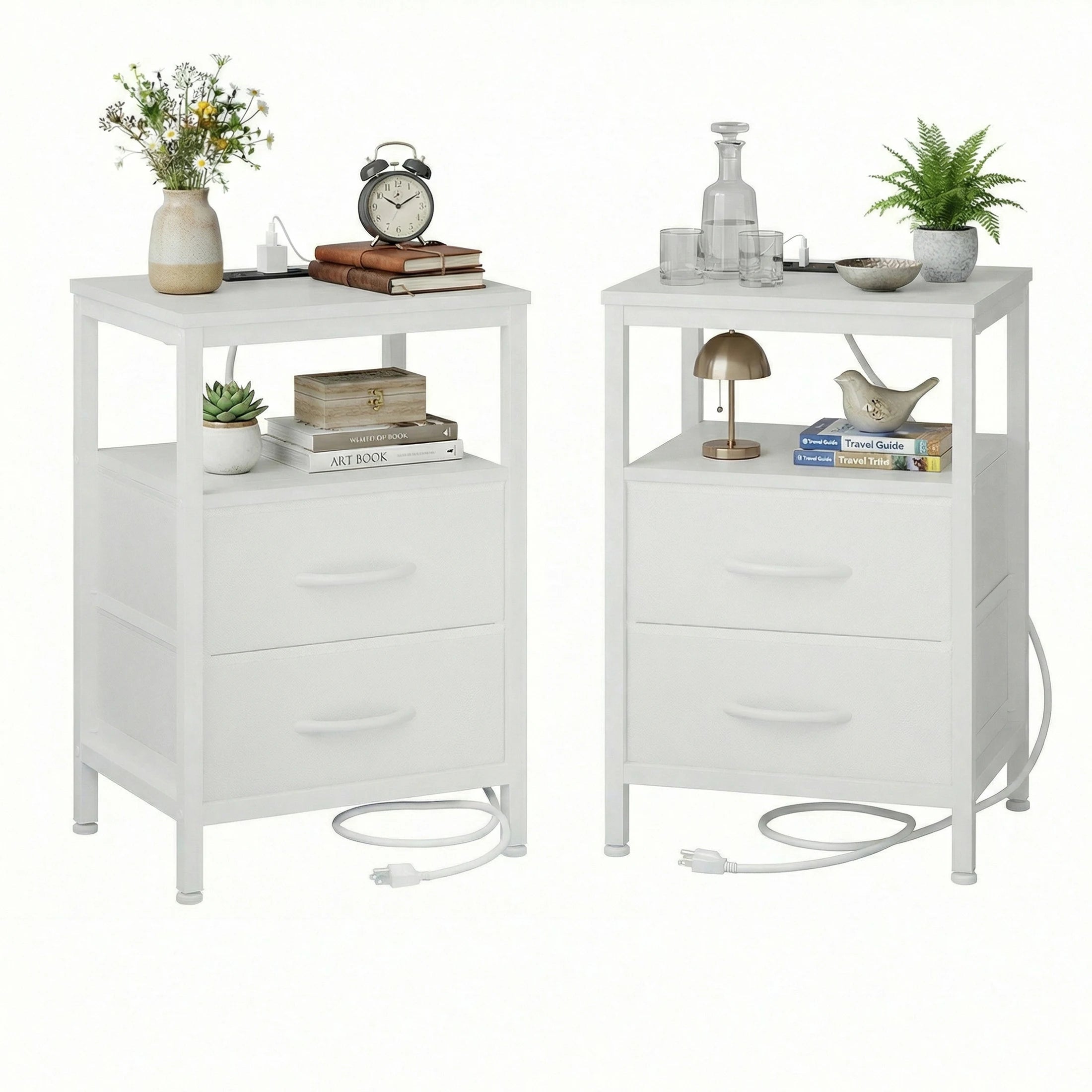 JHK 2 Fabric Drawers Nightstands Set of 2 with Open Shelf Bedside Table with USB Ports Charging Station for Living Room Bedroom