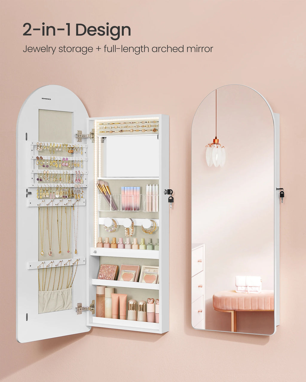 SONGMICS Wide Jewelry Organizer, LED Jewelry Cabinet Wall/Door Mounted, Arched Mirror with Storage, Lockable, Rounded Corner