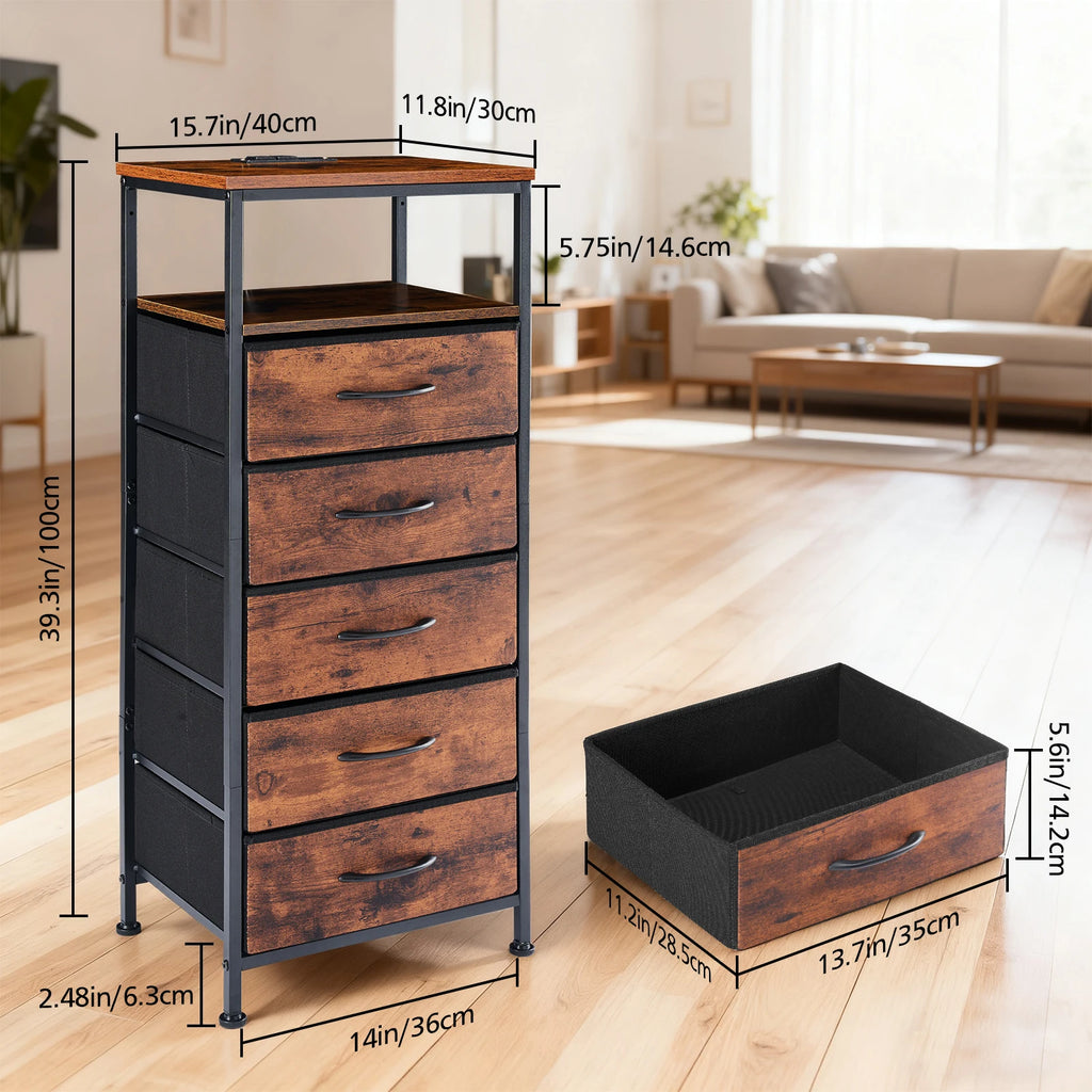 JHK Living Room 5 Fabric Drawers Cabinet With Charging Station and Outlets Adjustable Feet and Variable Light Strip Of Furniture