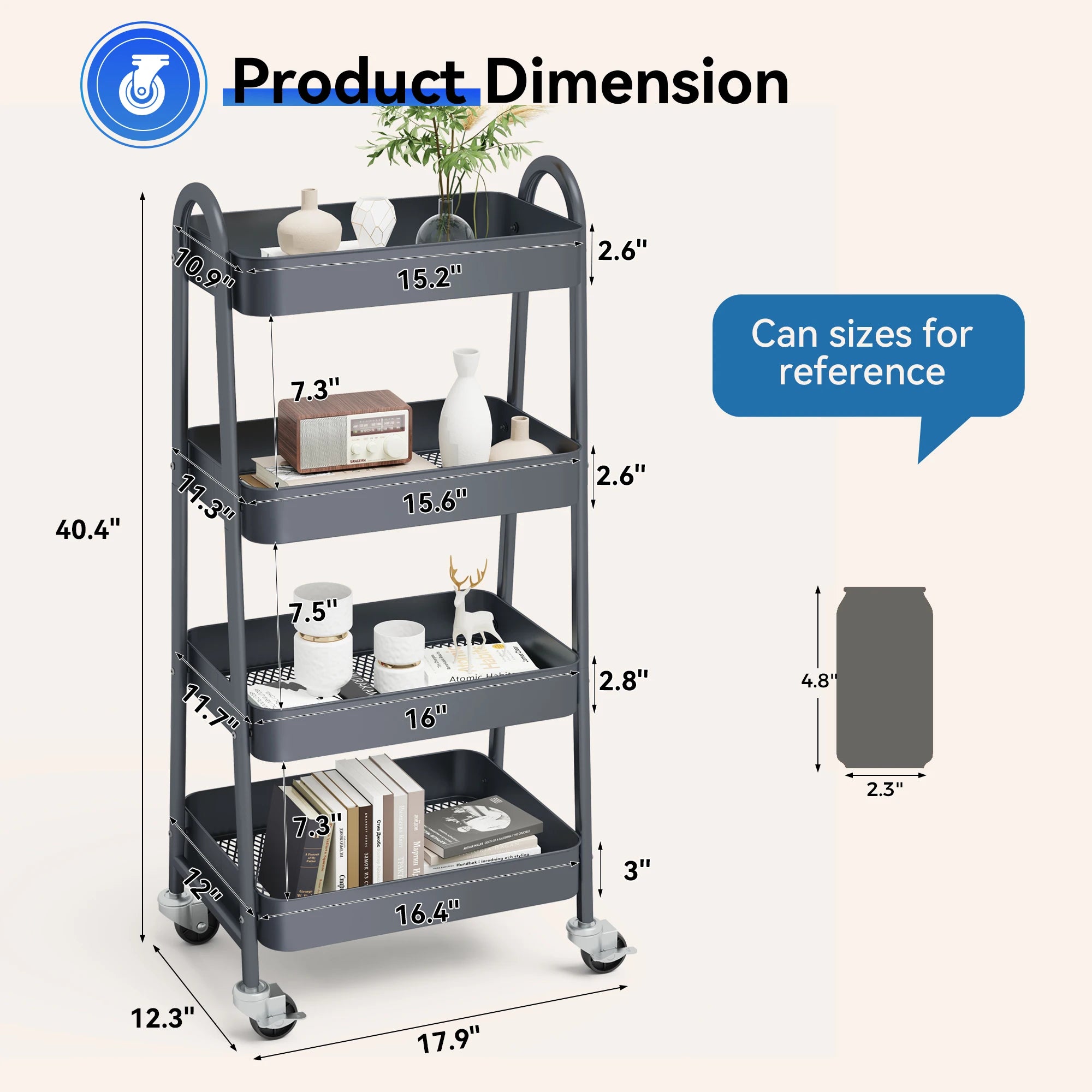 JHK 4 Tier Metal Storage Kitchen Cart with Lockable Wheels Mobile Shelving Unit Utility Rolling Organizer For Home Narrow Places