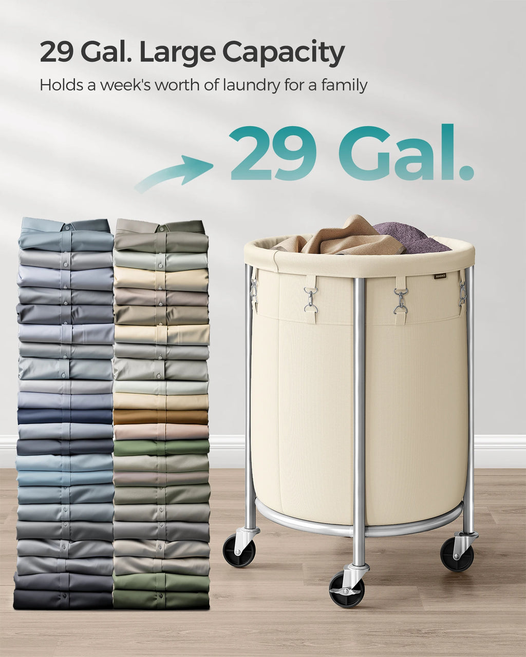 SONGMICS 29-Gallon (110 L) Laundry Basket with Wheels, Rolling Round Heavy-Duty Laundry Hamper Cart with Steel Frame and Removab