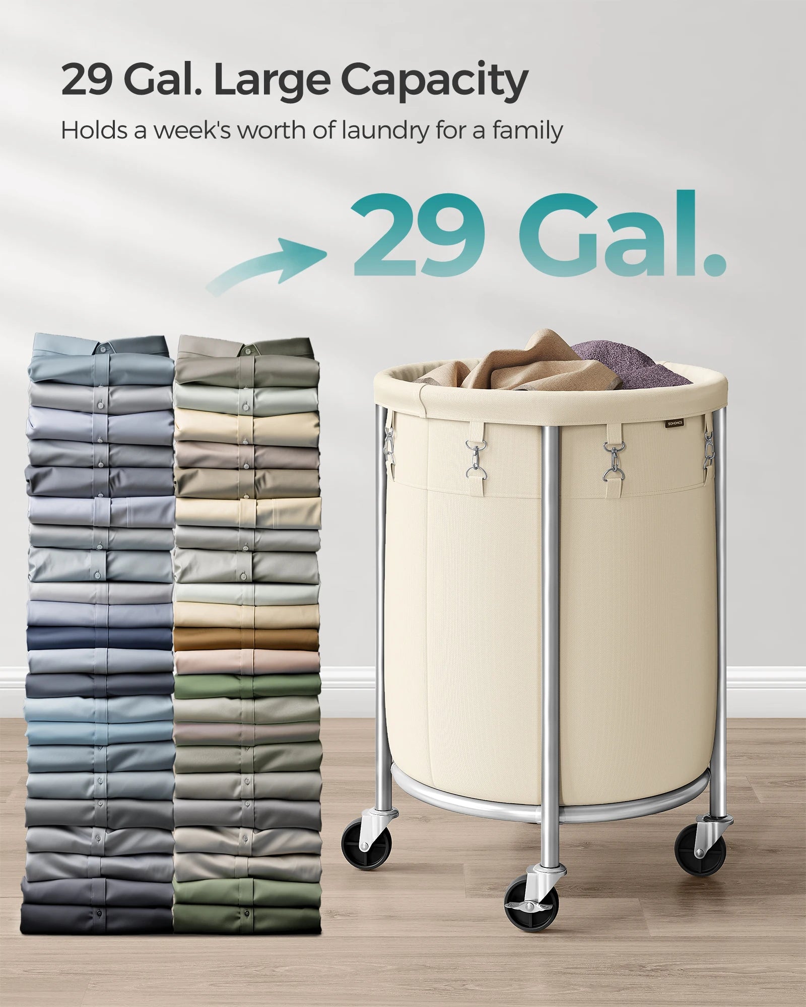 SONGMICS 29-Gallon (110 L) Laundry Basket with Wheels, Rolling Round Heavy-Duty Laundry Hamper Cart with Steel Frame and Removab