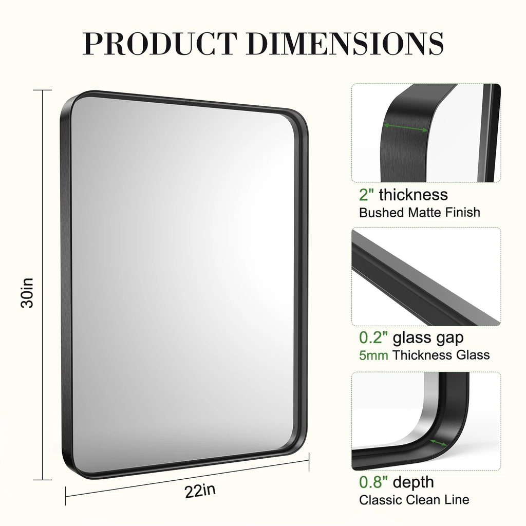 JHK 24x36 Inch Large Rectangle Vanity Framed Mirror for Wall Matte Metal Framed Modern Mirror Tempered Glass For Living Room