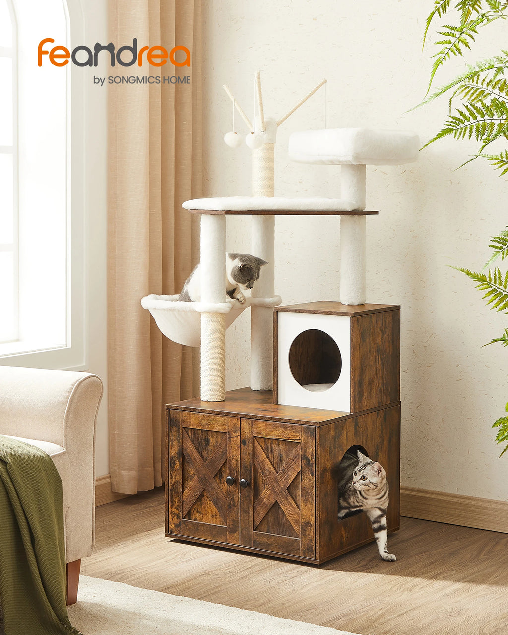 Feandrea Cat Tree with Litter Box Enclosure, 59-Inch Modern Cat Tower, 2-in-1 Condo with Scratching Posts